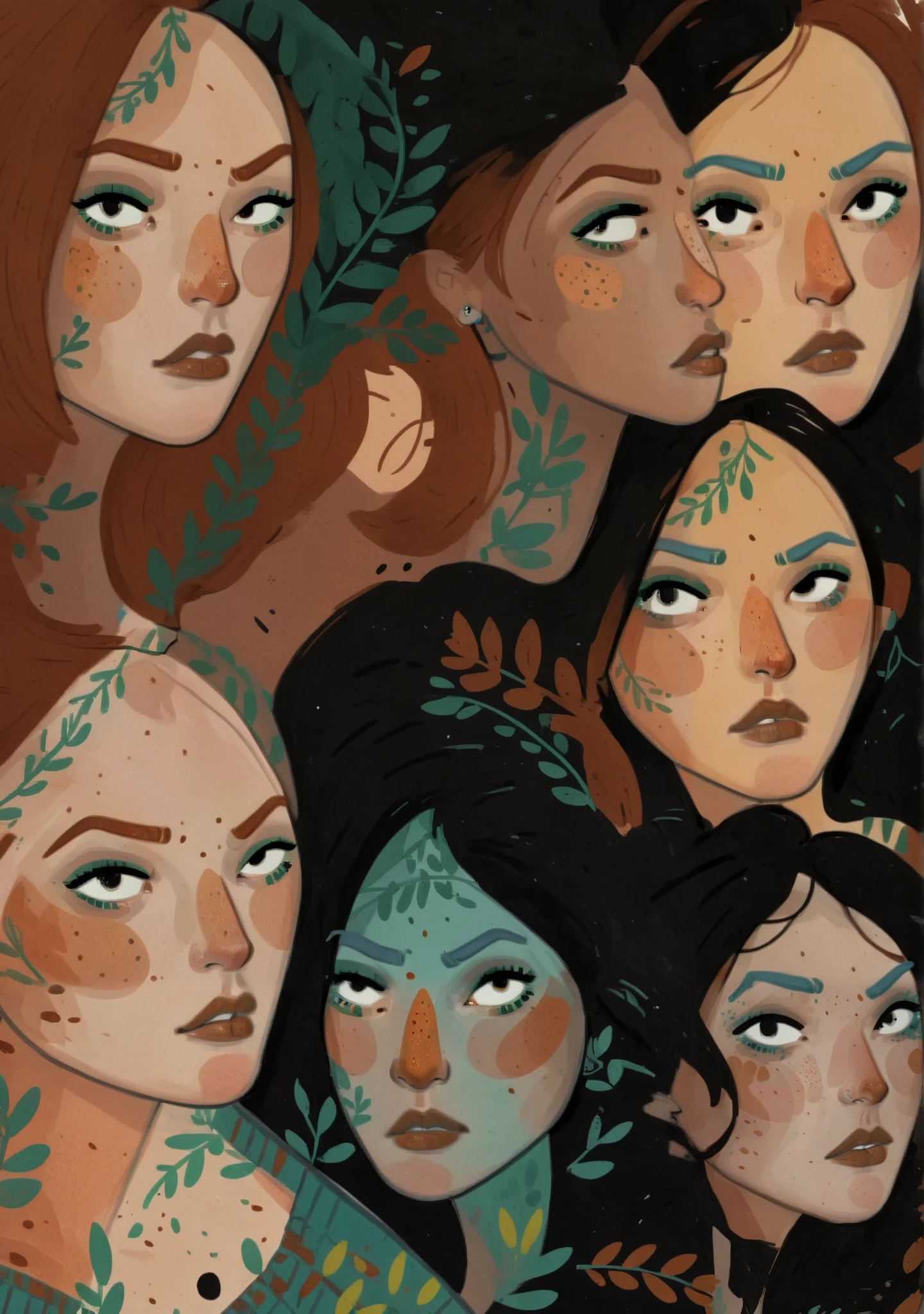 multiple characters, girls, 2d art, flat colors, detailed faces, simple black eyes, eyeliner, gouache texture, half body portrait, gouache painting, vibrant colors, skin freckles, thick gouache render, novuschroma57 style cartoon, in gougoupaintleaves, FRESHIDEAS Illustration No. 12, Illustration No. 8