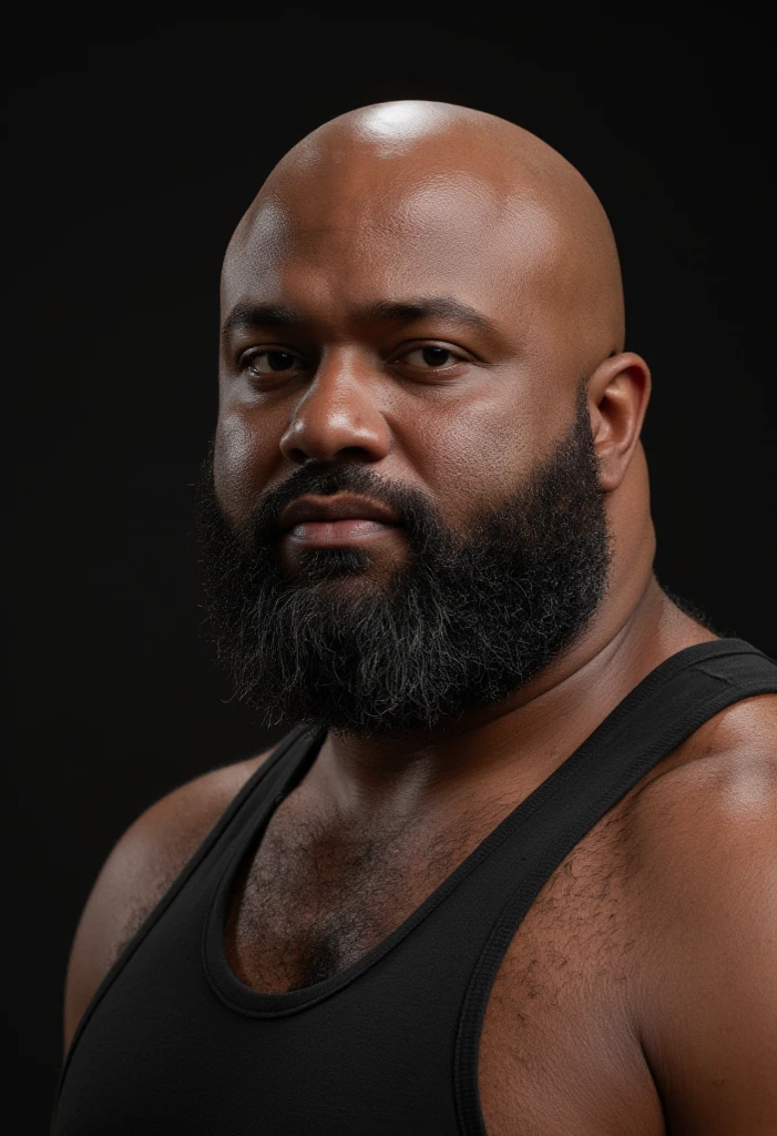 Un gladiador keniano de cuerpo completo, sonriente y afro, de la Roma Imperial, de pie, un anciano sudoroso con gran cabello afro y gris, extremadamente musculoso y extremadamente gordo, over 70 years old, that weighs more than 600 pounds, with extremely large sagging pectorals and very muscular and very hairy with gynecomastia. Pezones oscuros y puntiagudos. en la arena de un circo con una falda de cuero