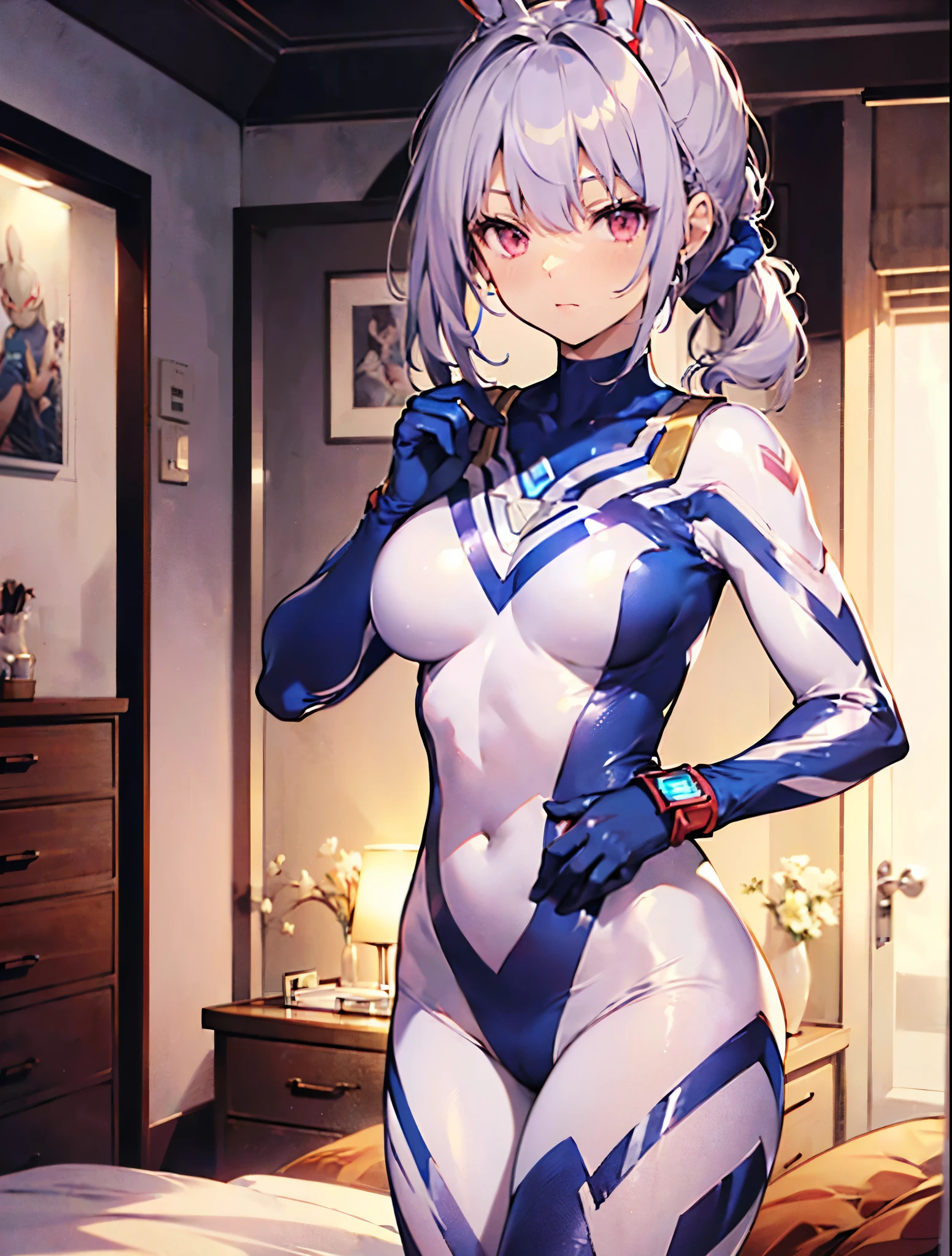 ((obra prima:1.4、qualidade superior:1.2))、1girl em、SoloFocus、rosto deliciado、Rostos de anime altamente detalhados e desfocagem do fundo:1.3、(transform sequence)、((cabelos longos e duros))、soio、soio、Menina de 12 anos、Japoneses、Lori、Garotinha、a high school student、Um cabelo escuro、((white and blue chinese leotard))、(Perna alta)、tiara on head、um sorriso、 Standing、de frente、