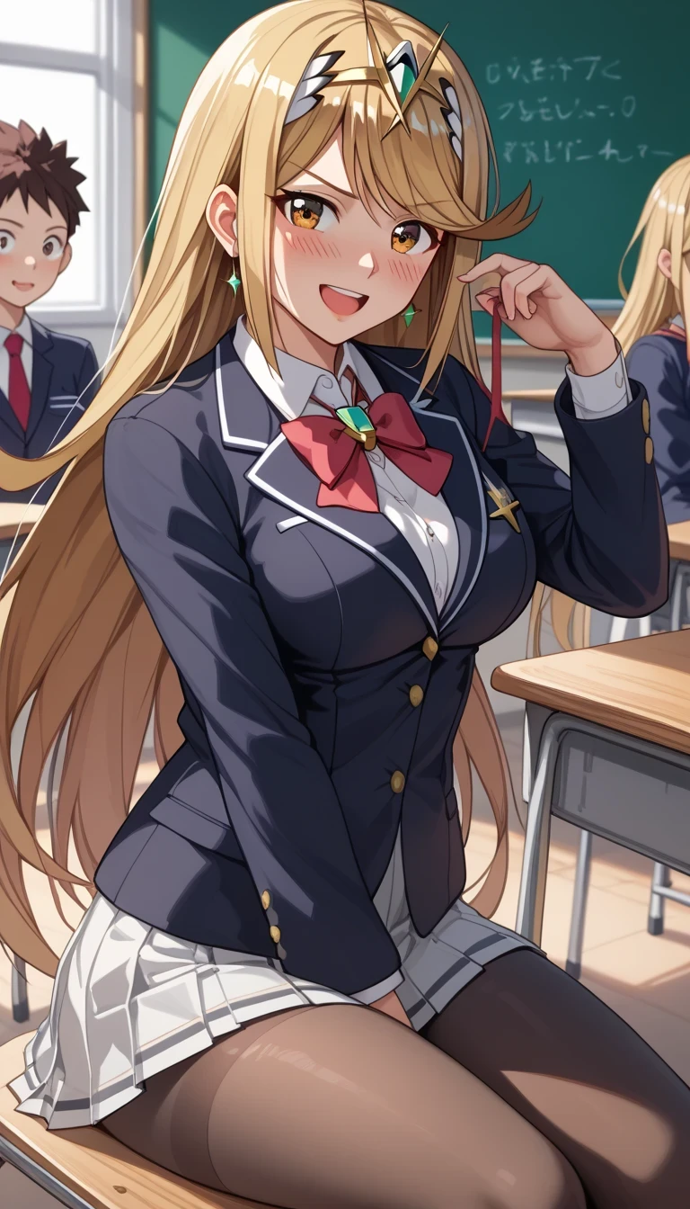 score_9, score_8_up, score_7_up, source_anime、top quality、8k、 masterpiece、ultra high definition、 natural light、perfect anatomy、 perfect eye、beautiful eyes、((((two women))))、medium breasts、saggy breasts:1.2、(Pyra ), blonde very long hair, (mythra), red short bob hair, (school uniform、blazer、ribbon、tight miniskirt、pantyhose)、((is embarrassing:1.3、happy))、(school classroom in front of a crowd)、Sit and pose