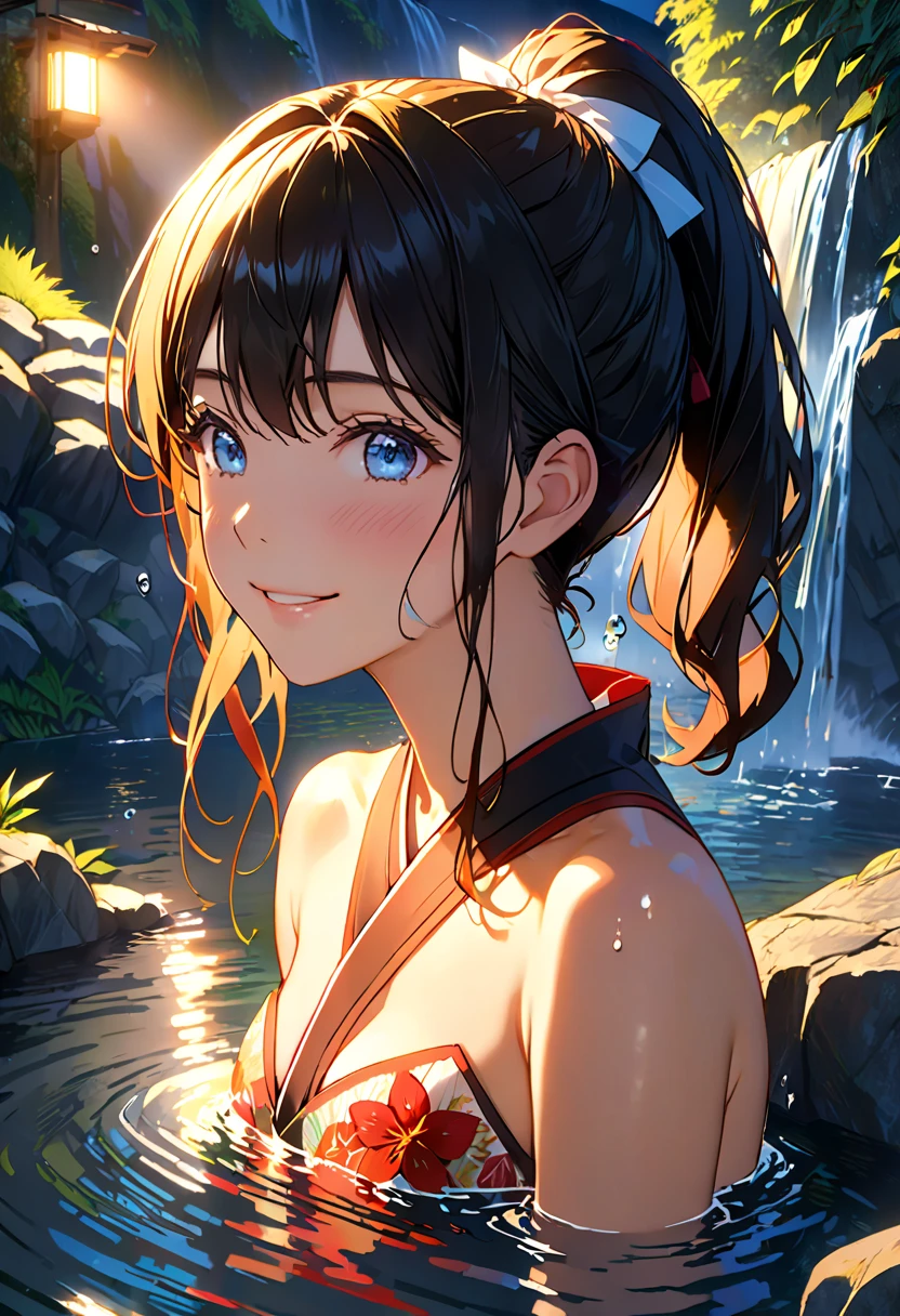 ((Highest quality)), ((masterpiece)), (detailed), ((Japanese)),, Black Hair,(Childish face), long hair, (Straight Hair), Girl ,big Breasts , ((Blue eyes)),half-smile , Sunlight , ((extreme_close_up)) ,Lots of bubbles, Shining Stars, Coast, waterfall, micro bikini, Striped bikini, Showcasing cleavage,