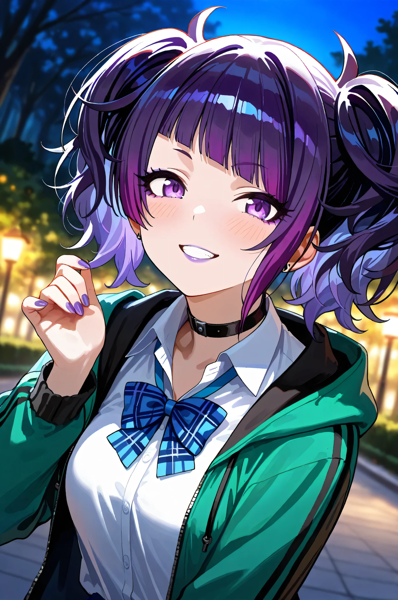 (Masterpiece:1.2), (Highest quality:1.1), (Very detailed),
(The best shape), (Best shadow), (Absurd),
(Detailed Background), (So beautiful), Shiny,
Beautiful eyes in every detail, Extraordinary, Countershading, 8k, 32K, High resolution,
Very Detailed CG, UHD,
Score_9, Score_8_up, Score_7_up, Source_anime,
(Pastel painting:1.2), (Watercolor painting:1.2),
(Masterpiece, Detailed:1.2), (Foreshortening:1.2),
Cinematic, Dramatic, (Depth of field:1.4),
(Blurry background:1.4), (Realistic background:1.4),
1 girl, Solo, Dynamic angle, dynamic pose, below,
Outdoor, Nature, (Midnight:1.2), Late night, Park,
Tanaka Mamimi,
the idolmaster shiny colors,
tnkmmm, purple hair, short twintails, blunt bangs, diagonal bangs, purple eyes, medium breasts, small breasts,
(School uniform:1.3),
Open hoodie, Green hoodie, Solid hoodie,
Collared shirt, Long sleeve shirt, White shirt,
Indigo ribbon, Butterfly ribbon,
Choker, Purple nail, (Purple lips:1.1),
(Blush:1.3), Grin, smile,
Portrait, Upper body, Close up shot,
Focus on face,
Realistic skin, Shiny skin,