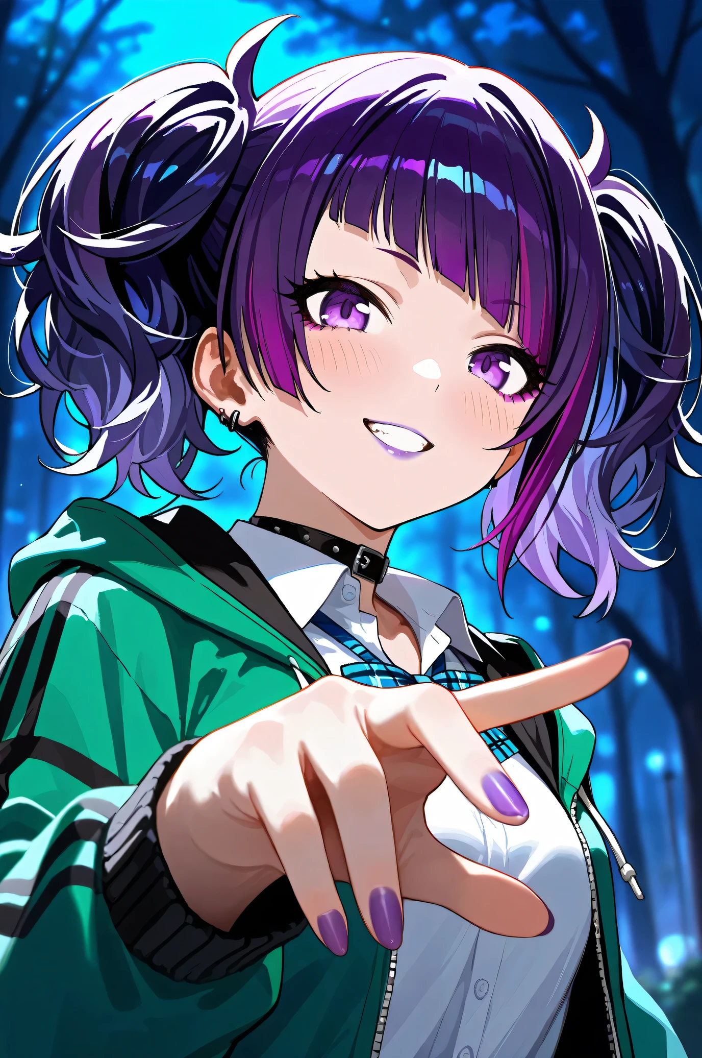 (Masterpiece:1.2), (Highest quality:1.1), (Very detailed),
(The best shape), (Best shadow), (Absurd),
(Detailed Background), (So beautiful), Shiny,
Beautiful eyes in every detail, Extraordinary, Countershading, 8k, 32K, High resolution,
Very Detailed CG, UHD,
Score_9, Score_8_up, Score_7_up, Source_anime,
(Pastel painting:1.2), (Watercolor painting:1.2),
(Masterpiece, Detailed:1.2), (Foreshortening:1.2),
Cinematic, Dramatic, (Depth of field:1.4),
(Blurry background:1.4), (Realistic background:1.4),
1 girl, Solo, Dynamic angle, dynamic pose, from below,
Outdoor, Nature, (Midnight:1.2), Late night, Park,
Tanaka Mamimi,
the idolmaster shiny colors,
tnkmmm, purple hair, short twintails, blunt bangs, diagonal bangs, purple eyes, medium breasts, small breasts,
(School uniform:1.3),
Open hoodie, Green hoodie, Solid hoodie,
Collared shirt, Long sleeve shirt, White shirt,
Indigo ribbon, Butterfly ribbon,
Choker, Purple nail, (Purple lips:1.1),
(Blush:1.3), Grin, smile,
Portrait, Upper body, Close up shot,
Focus on face,
Realistic skin, Shiny skin,