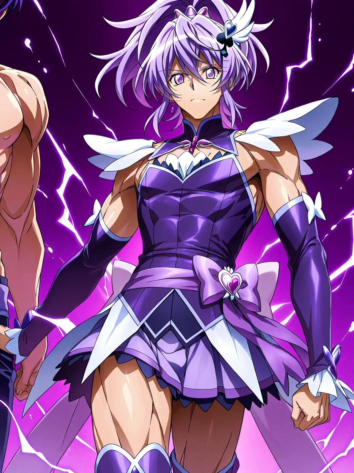 score 9 、score 8 up、score 7 up、source anime、masterpiece、best quality、high resolution、anime coloring、1boy 、Cure Sword、(male:1.6)、close-up of a boy cartoon character with purple hair、high short ponytail hair、spade shape hair ornament、Alone、portrait of Magic Boy、 Boy in a White and Purple Dress 、isolated、Long Legged 、Heavenly Aura、Lightning Aura、purple miniskirt、white shoulder pats、 purple arm warmers、purple detached sleeves、purple waist bow、bare thighs、 purple thigh-high boots 、 Symphogear Flavor 、Boy with short purple hair、 Prince of Amethysts 、official character art、style of Magic Boy、masculinization、Magic Boy、 Anime Boy 、Official Art、high resolution、perfect costume、sparkling Magic Boy、(manly:1.6)、With Sparkling Purple Eyes 、perfect body、perfect hands、perfect arms、perfect legs、 male focus、looking at viewer、Alone focus、cowboy shot、(male body:1.6)、beefcake style、purple background、