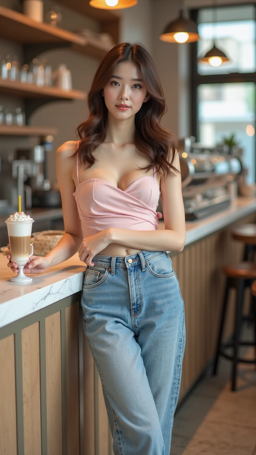 score_9, score_8_up, score_7_up, BREAK rating_explicit,(photo-realistic:1.2),(professional photo), realistic photo,subsurface scattering, volumetric lighting, light from the front, BREAK 1 female,22years old,kawaii,((Japanese)),Japanese idol face,black long straight hair,realistic skin texture,solo,kawaii, perfect body, BREAK (wearing pastel off shoulder top), BREAK (light brown long wide pants,sandals),(pale skin),(slender body),large hip, (blushing),day,bluesky,cafe,(standing),(hot coffee & 1 cake on the table),from head to knee shot,visible shadow of erect nipples,smile, Big Breast,