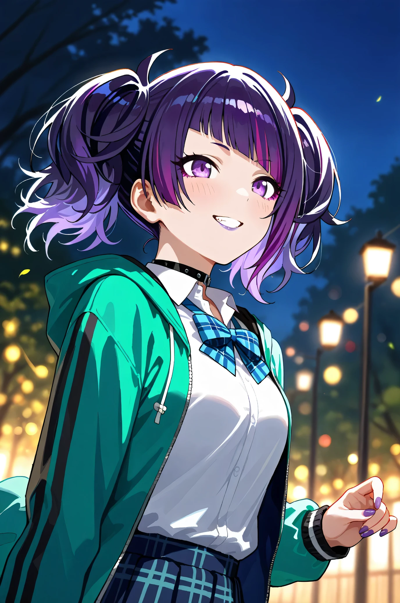 (Masterpiece:1.2), (Highest quality:1.1), (Very detailed),
(The best shape), (Best shadow), (Absurd),
(Detailed Background), (So beautiful), Shiny,
Beautiful eyes in every detail, Extraordinary, Countershading, 8k, 32K, High resolution,
Very Detailed CG, UHD,
Score_9, Score_8_up, Score_7_up, Source_anime,
(Pastel painting:1.2), (Watercolor painting:1.2),
(Masterpiece, Detailed:1.2), (Foreshortening:1.2),
Cinematic, Dramatic, (Depth of field:1.4),
(Blurry background:1.4), (Realistic background:1.4),
1 girl, Solo, Dynamic angle, dynamic pose, from below,
Outdoor, Nature, (Midnight:1.2), Late night, Park,
Tanaka Mamimi,
the idolmaster shiny colors,
tnkmmm, purple hair, short twintails, blunt bangs, diagonal bangs, purple eyes, medium breasts, small breasts,
(School uniform:1.3),
Open hoodie, Green hoodie, Solid hoodie,
Collared shirt, Long sleeve shirt, White shirt,
Indigo ribbon, Butterfly ribbon,
Choker, Purple nail, (Purple lips:1.1),
(Blush:1.3), Grin, smile,
Portrait, Upper body, Close up shot,
Focus on face,
Realistic skin, Shiny skin,