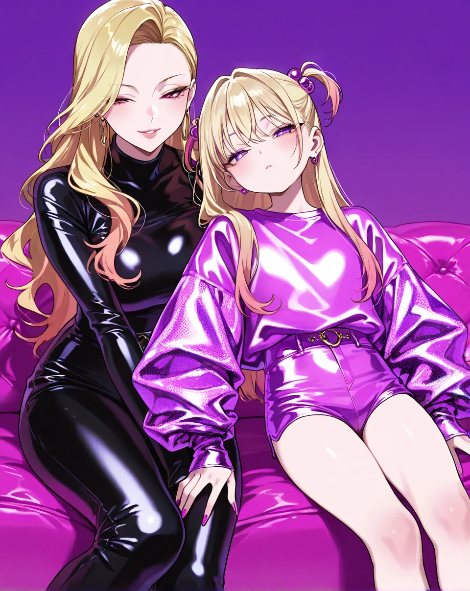 Best quality, highly detailed, ultra detailed, 1 brown skin boy, femboy, flat chest, male chest, slim curvy body, long pink dreadlocks, pink eyes, vampire, pointy ears, sharp nails, black lipgloss, goth, black body suit, big black pants over black body suit, big butt, living room, white boy on leash sitting next to him on couch