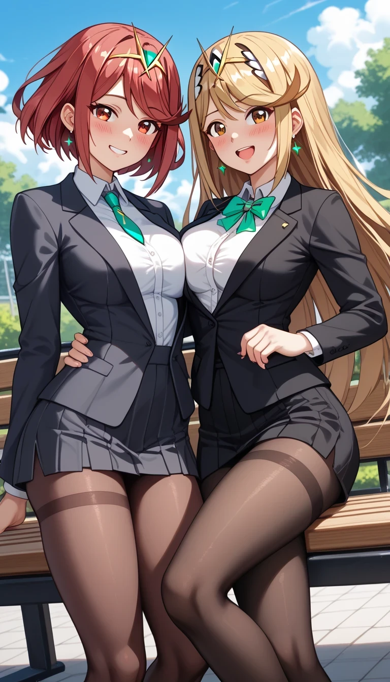 score_9, score_8_up, score_7_up, source_anime、top quality、8k、 masterpiece、ultra high definition、 natural light、perfect anatomy、 perfect eye、beautiful eyes、((((two women))))、medium breasts、saggy breasts:1.2、mythra, mythra has blonde very long hair, Pyra , Pyra has red short bob hair, (office lady、 black office suit 、jacket、ribbon、tight miniskirt、pantyhose)、((is embarrassing:1.3、happy))、(park bench)、Sit and pose