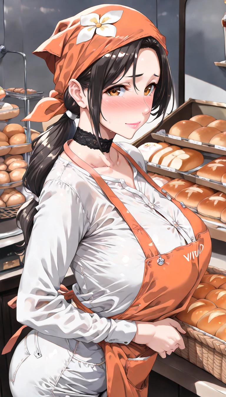 ((masterpiece, best quality, highres, UHD, perfect pixel, depth of field, 8k, RTX, HDR)), BREAK, 1girl, single, solo, beautiful anime girl, beautiful artstyle, anime character, ((long hair, black hair)), (purple:1.4, rounded eyes, beautiful eyelashes, realistic eyes),big breast, without clothes wearing only a white apron, covered in sweat, blushing, with a smile, BREAK, holding a bitten bread in the hand, sexy pose in a pastry shop with shelves with a lot of bread.