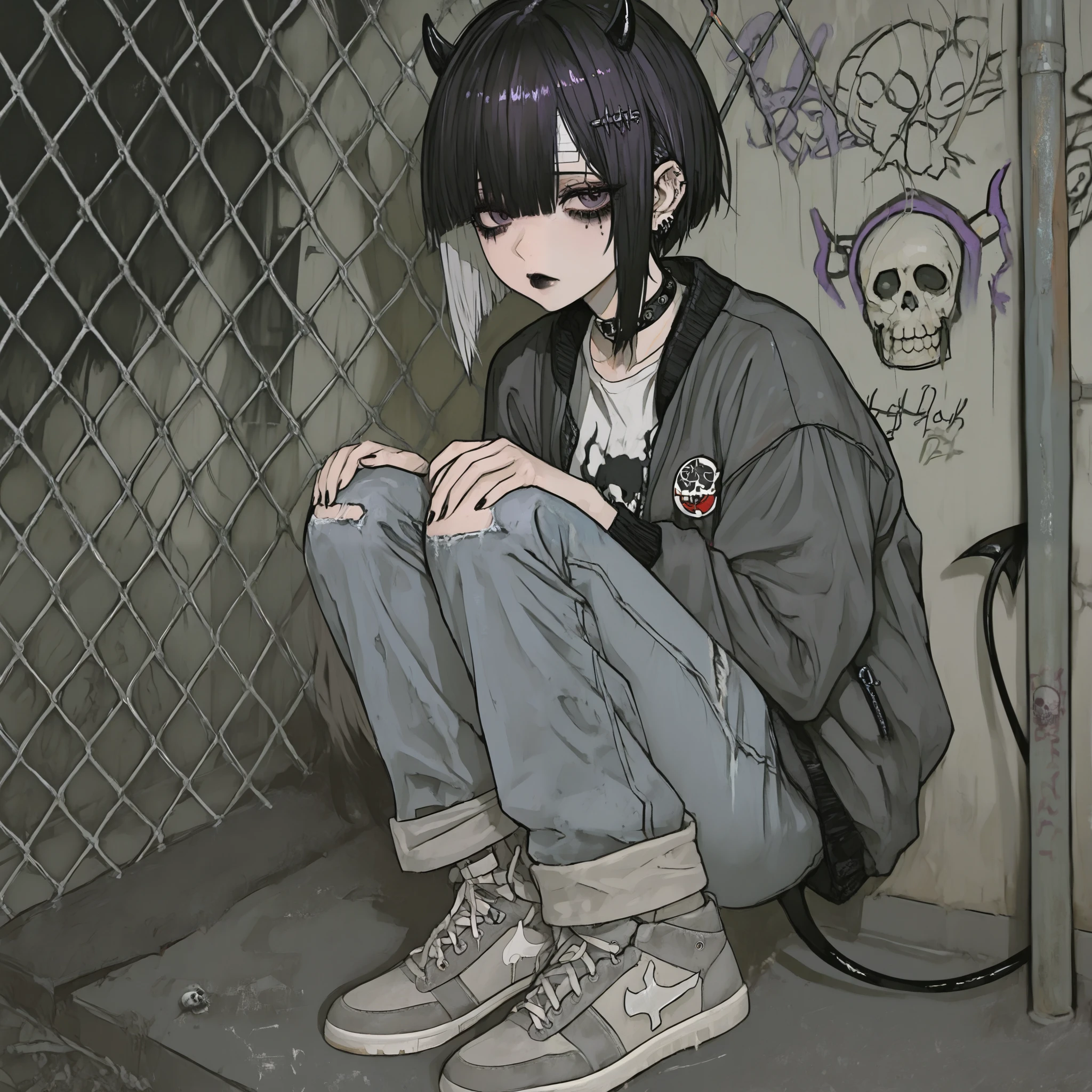 skinny tired girl is belong to emo/goth subculture. She has obsidian black hair with highlighted white strands , she has a wolf haircut and long bangs that hide half of her face. She has a lot of metal hairpins, barrette, hair clips on her bangs. Her eyes are purple. She has black Gothic makeup: black lipstick,black eyeliner and leaking mascara, black eye shadow. She has a lot of piercings and tattoos. On her neak she wears a spiky choker. She is dressed in a gray torn brand T-shirt with a skull print or metallica band, a bomber sport-jacket with set of safety pin and badges, oversized jeans with ripped holes on her knees, and gray sneakers. Her palms is bandaged. on her forehead two obsidian black devil horns,behind her back devilish pointy tail. she is hanging around in an alley where the walls are covered with graffiti and the passage is twisted by a chain-link fence. on the background is fogy abandoned city.