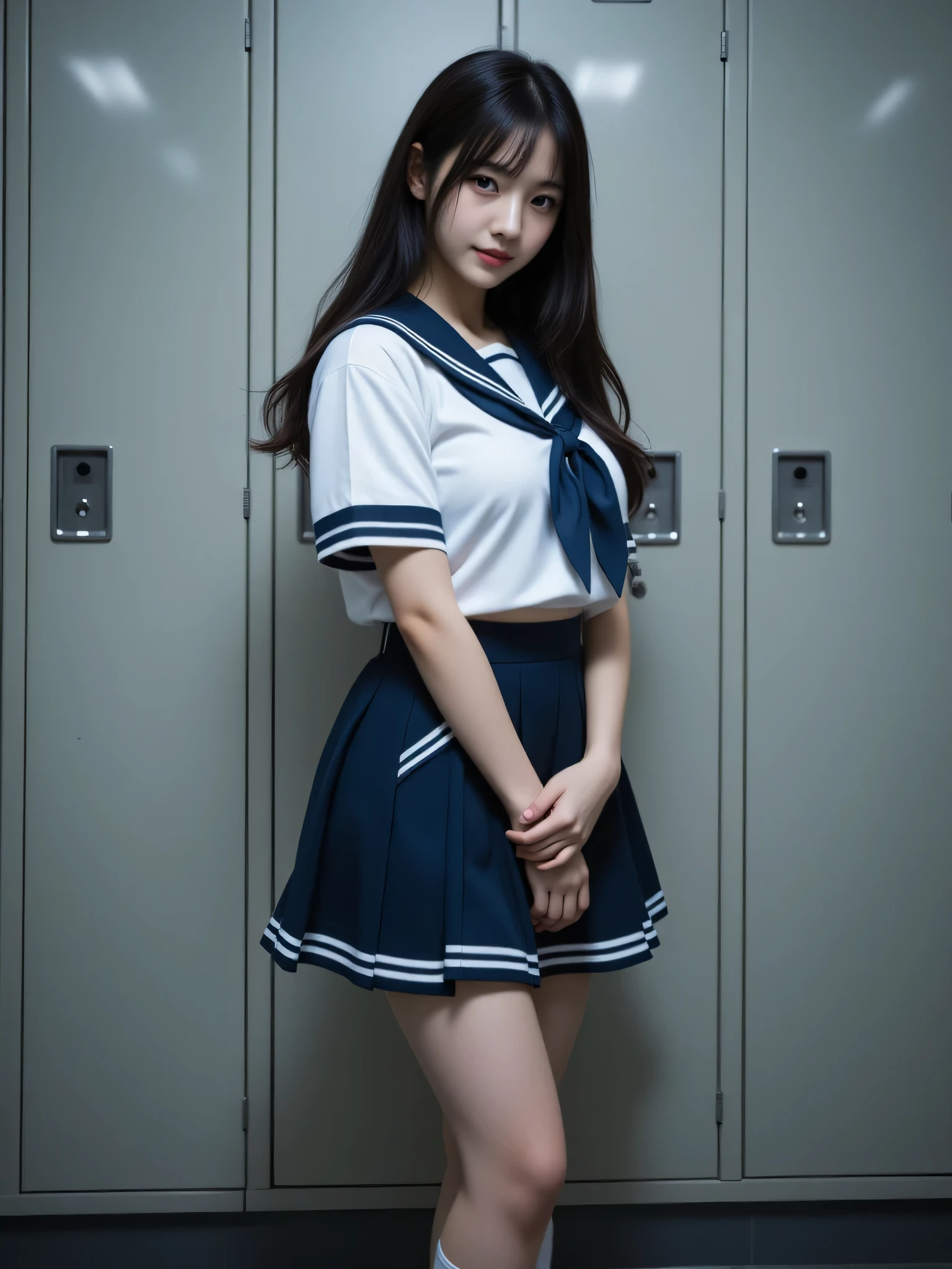 japanese cute idol, Japanese cute girl, kawaii, a beautiful young girl dressed up as a sailor girl standing school locker room, dark lighting , 1girl, solo, school uniform, serafuku, skirt, black hair, long hair, looking at viewer, socks, masterpiece, best quality, hyper detailed, insanely detailed, 16k, absurdres, japanese,cute, kawaii, photorealistic, Realism, raw photo, real person, light gray locker, hand between legs