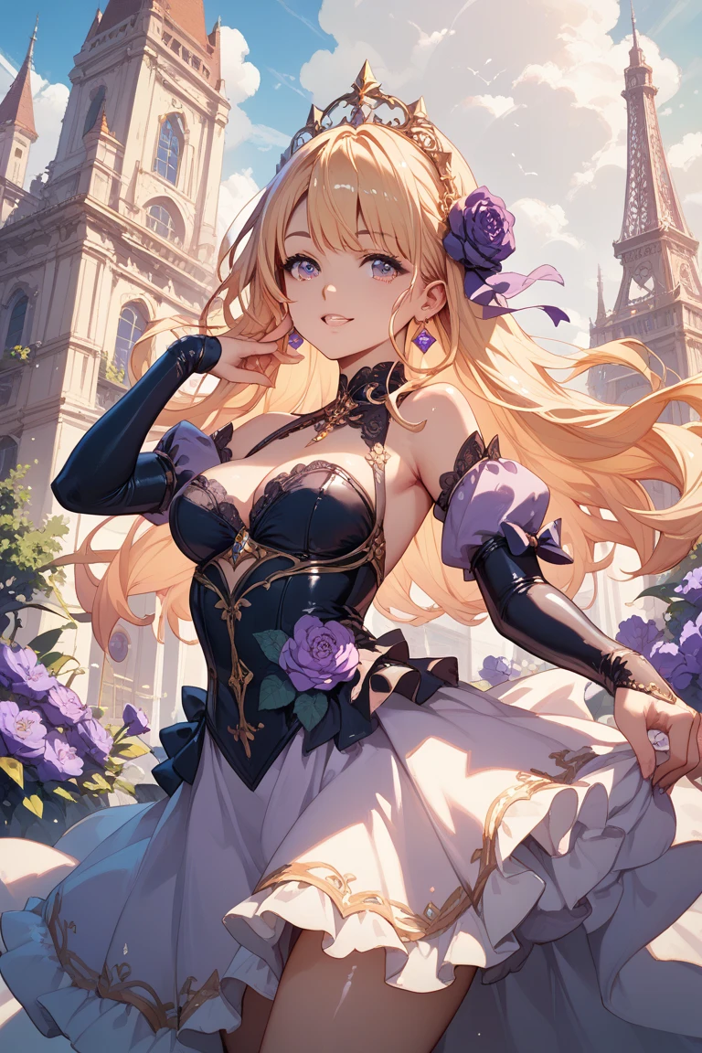 ((Best Quality, 8K,)) 1 Woman, Blonde Hair and Red-Eyed Anime Girl, Anime Girl Named Lucy, Portrait of a Female Anime Hero, Female Anime Character, Zodiac Girl Portrait Knight, Artoria Pendragon, Hajime Yatate, Symphogear, Giorno Giovanna, Cornelia from Code Geass, War Maiden Suvia, Small, Purple Ribbon Luxurious Jewelry
