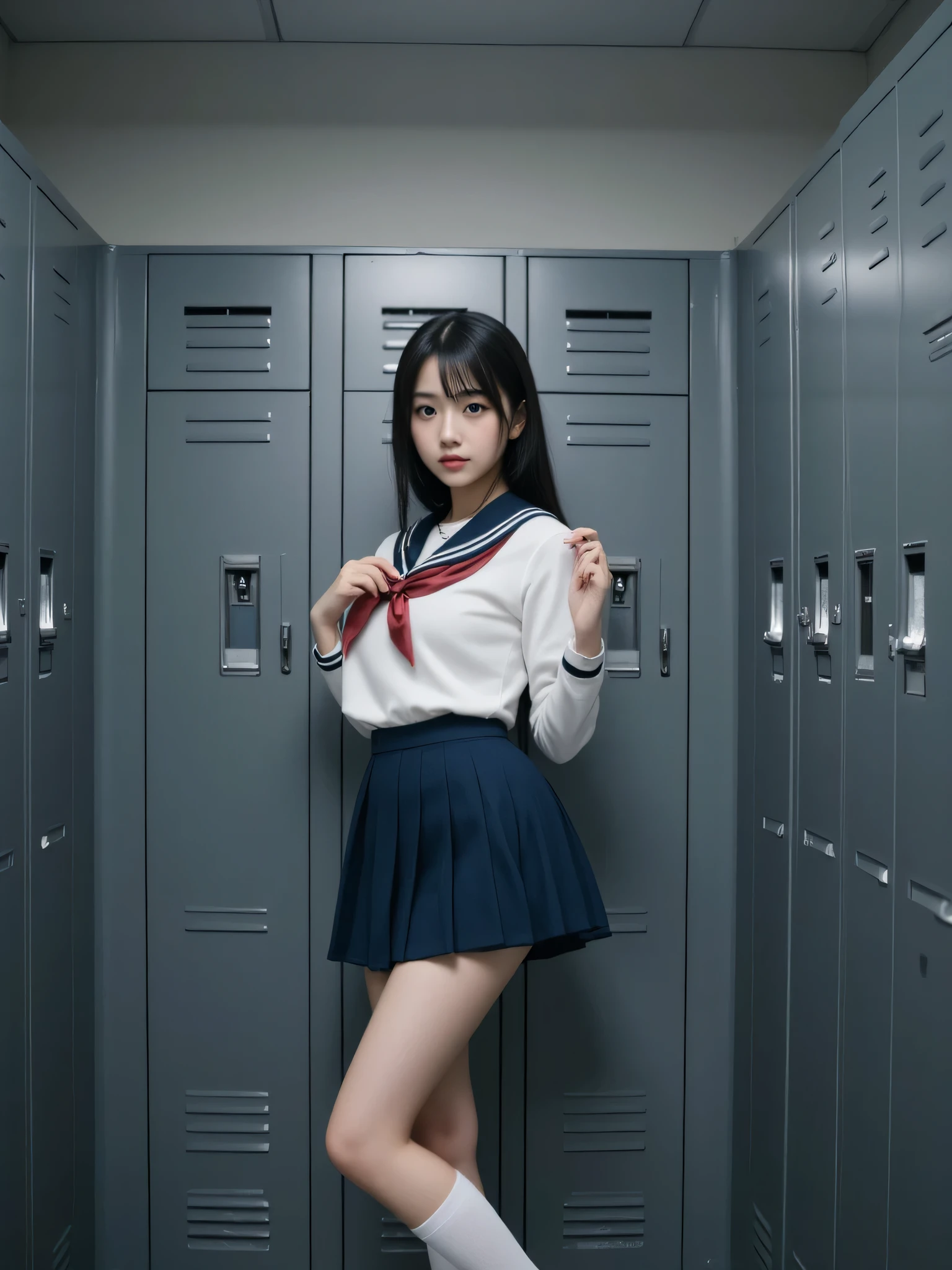 japanese cute idol, Japanese cute girl, kawaii, a beautiful young girl dressed up as a sailor girl posing school locker room, dark lighting , 1girl, solo, school uniform, serafuku, skirt, black hair, long hair, looking at viewer, socks, masterpiece, best quality, hyper detailed, insanely detailed, 16k, absurdres, japanese,cute, kawaii, photorealistic, Realism, raw photo, real person, gray locker