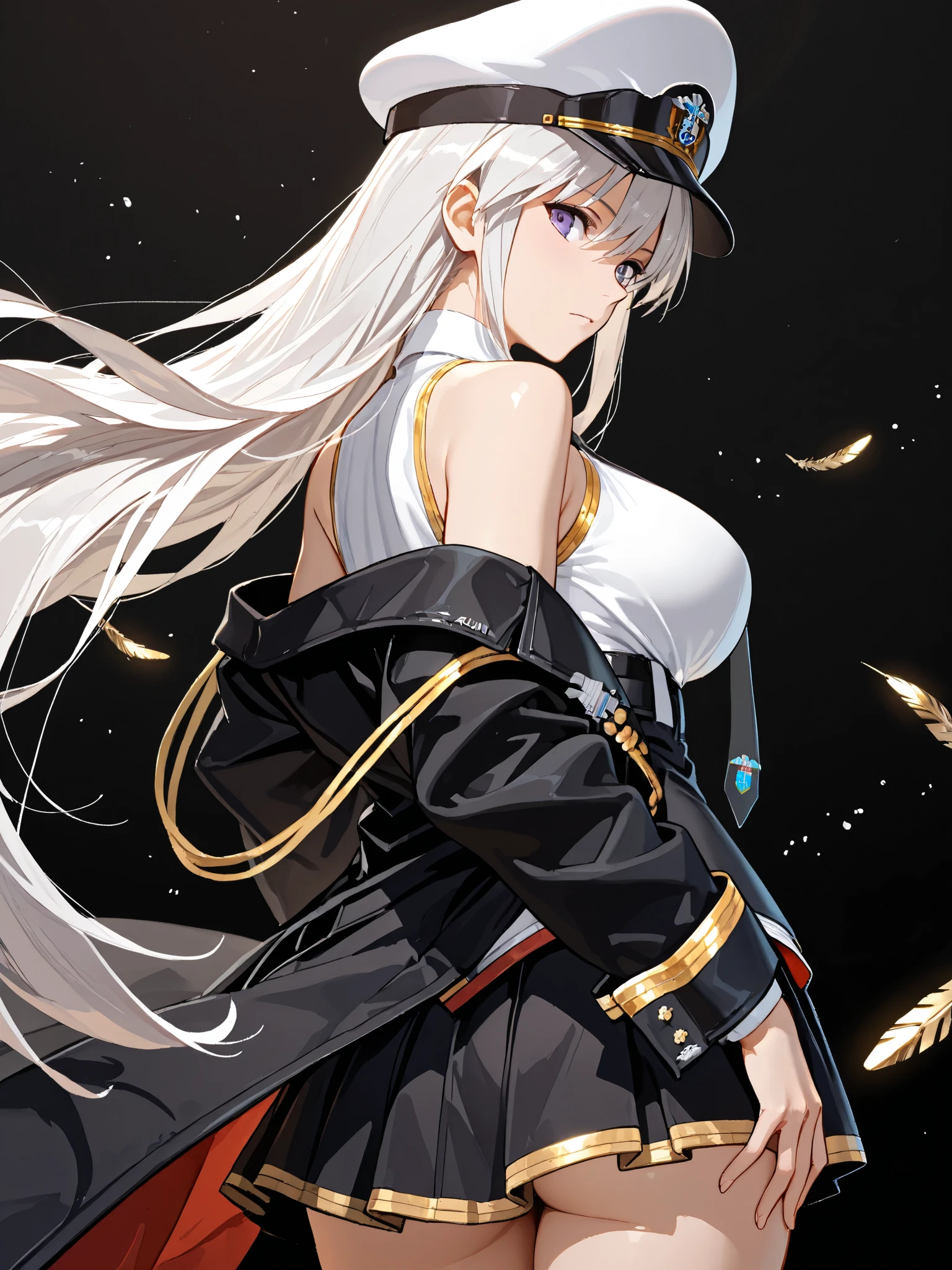 1girl ,enterprise (azur lane) ,bare shoulders ,black coat ,black necktie ,black skirt ,breasts ,coat ,gold trim ,hat ,large breasts ,long hair ,long sleeves ,looking at viewer ,military hat ,miniskirt ,necktie ,open clothes ,open coat ,peaked cap ,pleated skirt ,purple eyes ,shirt ,skirt ,sky ,sleeveless ,sleeveless shirt ,solo ,white hair ,black background ,from behind ,looking back ,rainbow line ,gold feathers ,white hat ,masterpiece, best quality, ultra detailed ,
