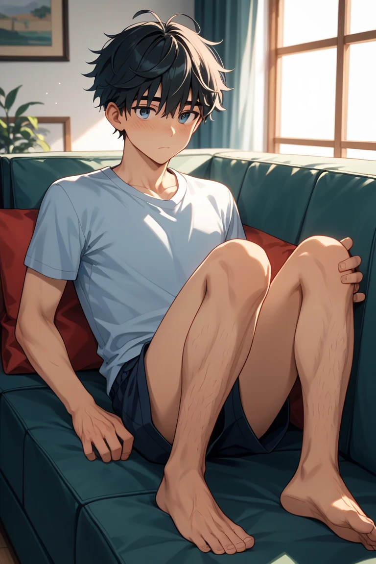 Strong Japanese boy , Black short hair, black eyes, Resolute expression, With black shirt and shorts, Lying on a white sofa