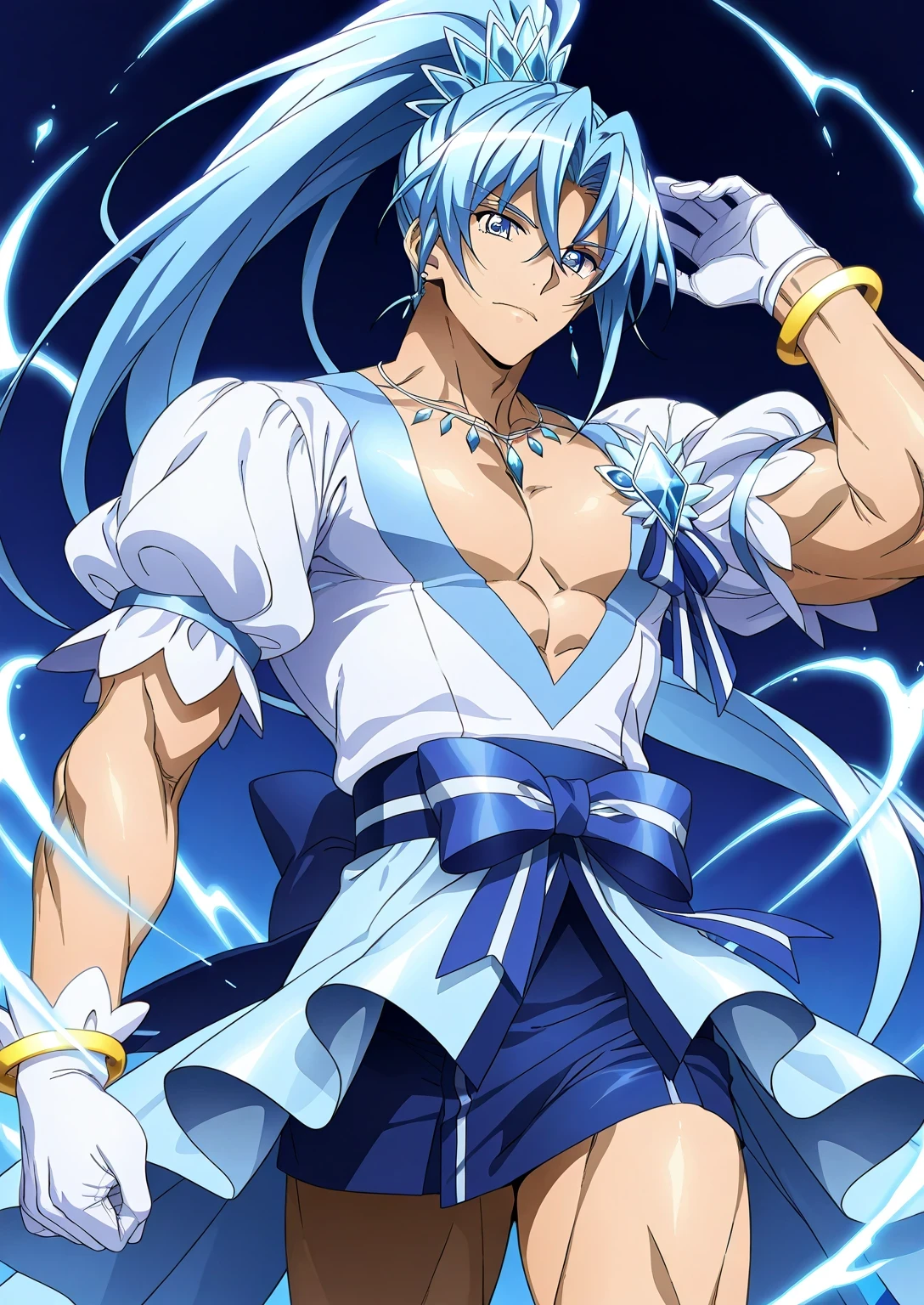 score 9 、score 8 up、score 7 up、source anime、masterpiece、best quality、high resolution、anime coloring、1boy 、cure diamond、(male:1.6)、Close up of a blue-haired boy cartoon character、high long ponytail hair、dia shape hair ornament、Alone、portrait of Magic Boy、 Boy in a White and Blue Dress 、isolated、Long Legged 、Heavenly Aura、Ice Aura、blue miniskirt、white puffy sleeves、white gloves、yellow bracelet 、blue waist bow、Bare legs、bare thighs、white high heels、 Symphogear Flavor 、Boy with long blue hair、 Prince of Sapphire 、official character art、style of Magic Boy、masculinization、Magic Boy、 Anime Boy 、Official Art、high resolution、perfect costume、sparkling Magic Boy、(manly:1.6)、 With Shining Blue Eyes 、perfect body、perfect hands、perfect arms、perfect legs、 male focus、looking at viewer、Alone focus、cowboy shot、(male body:1.6)、beefcake style、blue background、