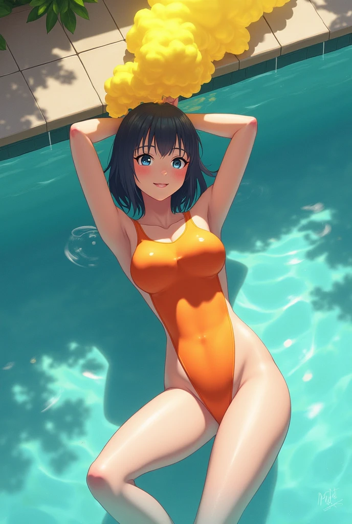 Highest quality,Highest Resolution,Sailor leotard(((2People and above)))A beautiful girl with a crying face,High leg,(((Tback))),Very beautiful eyes,Competition Pool,(((Holding a drink in your hand))),(((Open your mouth))),(((Dripping saliva))),sunny,blue sky,sweat profusely,Red tie,whole body,Black short bob,