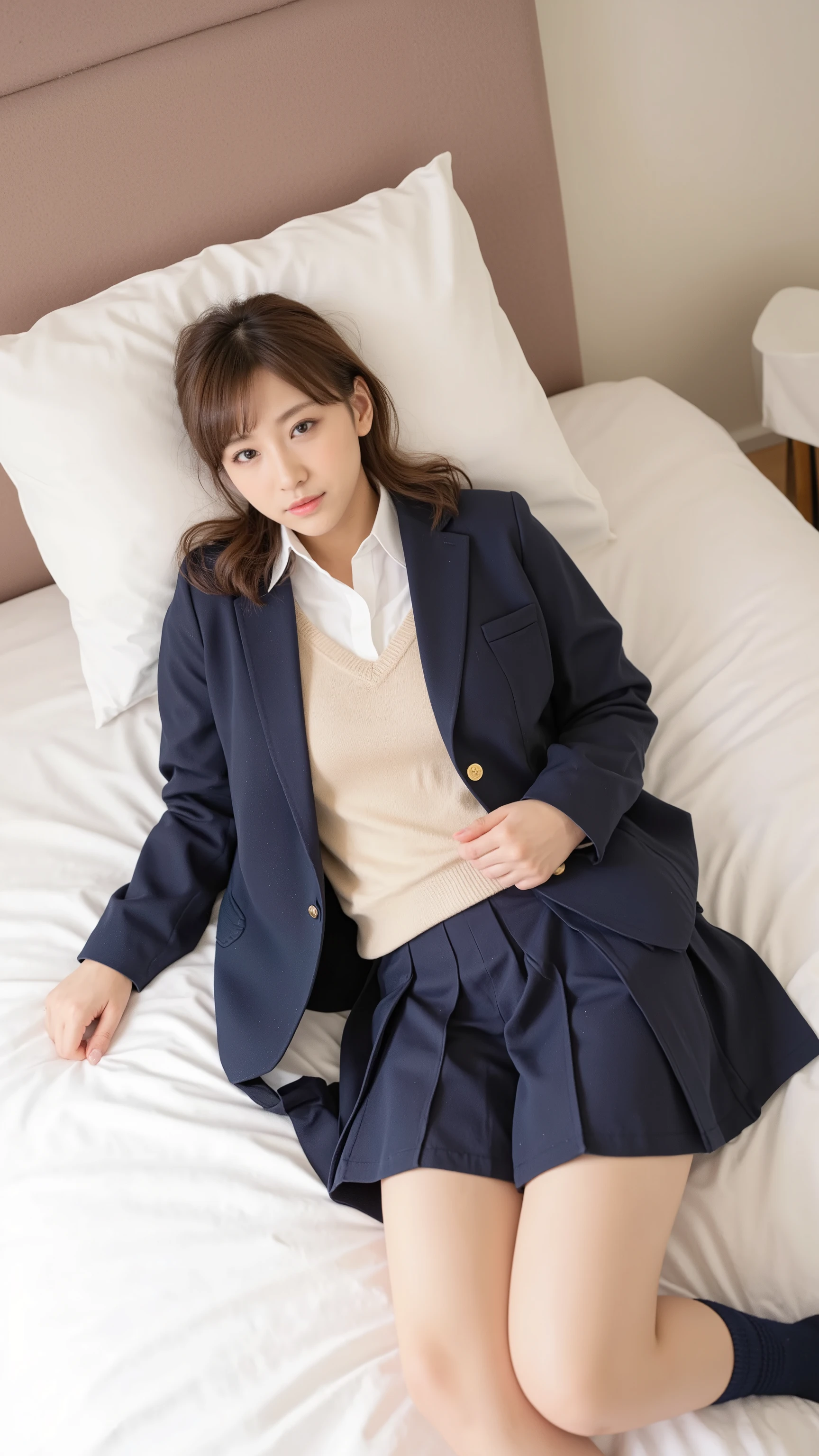 ((Highest quality、masterpiece、、Best image quality、Ultra-high resolution、Award-winning works)、(Girl in high school uniform:1.8)、(Accurate anatomy:1.1)、(On the bed、(Sleep on your back:1.8))、(Please open your mouth:1.8)、(Spread your legs:1.7)、Ultra-high resolution for bright and fair skin、The most detailed face、Ultra-high resolution detailed face、Ultra-high resolutionの髪の毛、Ultra-high resolutionの煌めく瞳、Beautiful face drawn in every detail、(Blurred Background:1.1)、very bright and vivid、beautiful japanese actress face、(Head to knee photo:1.6)、Small breasts:1.6、(Undress)