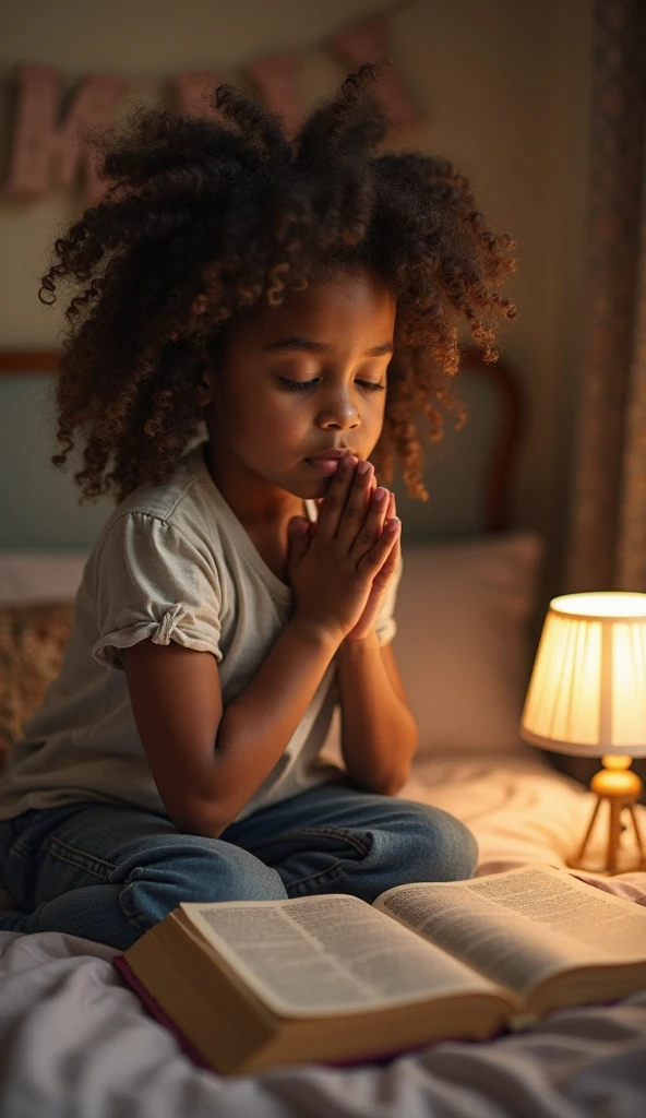 3d illustration of A young girl, black oily skin, 4y.o, African American, rose, oily skin, kneeling and praying on the side of her bed, elbows on the bed, praying hands. Day light coming through the windows like morning time. Red bonnet on her pillow in the background. Her in a pajama set , shorts and shirt, (white with thin black vertices stripes). As if waking to do morning prayers.
