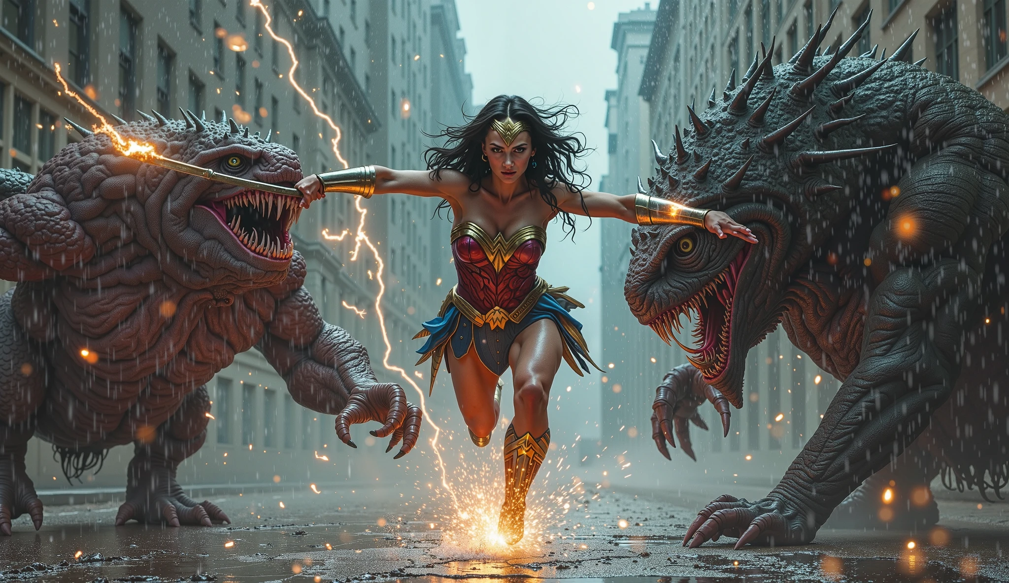 Create a group of sexy superhero women in different costumes against a giant worm made of cans.