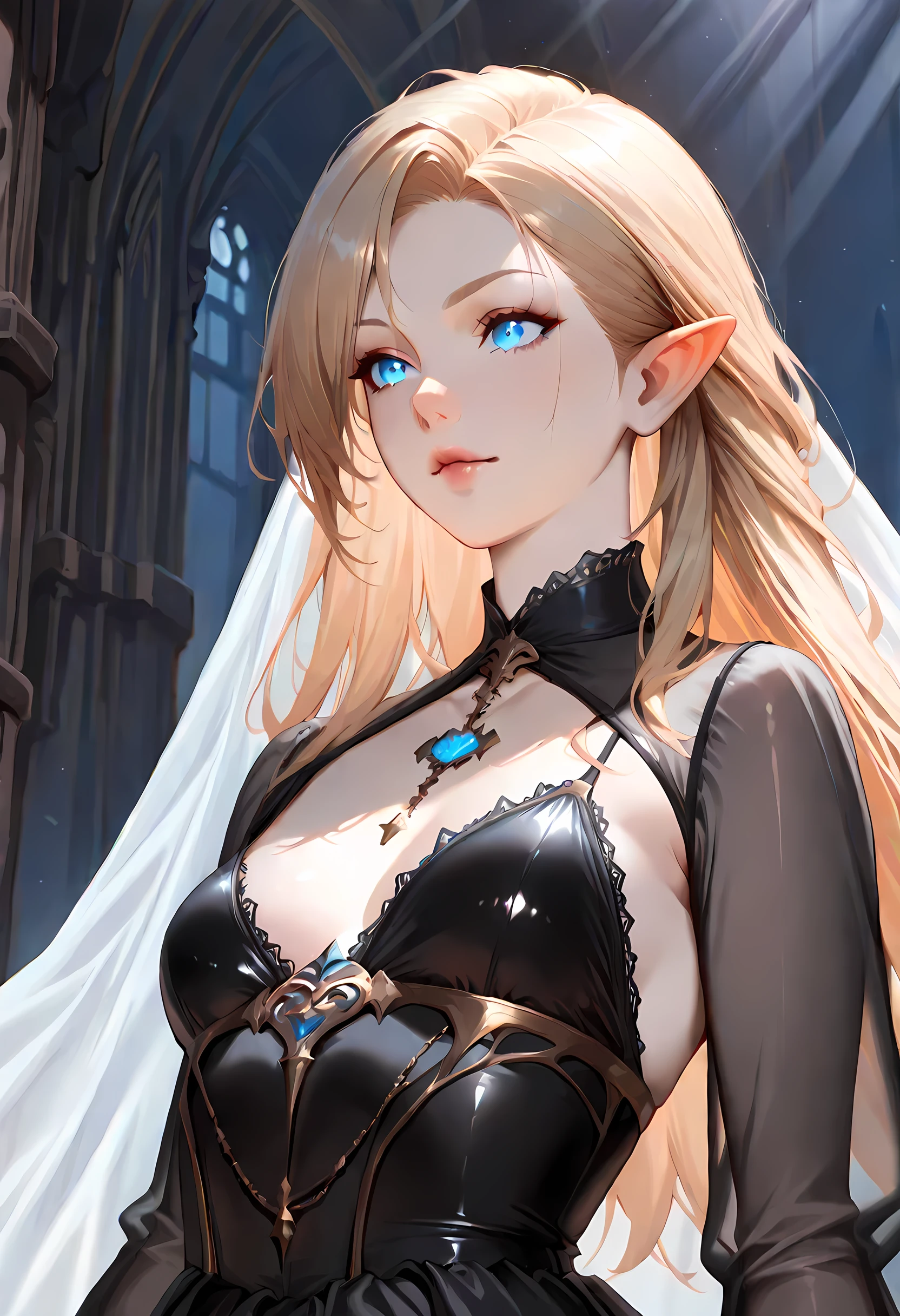 dark fantasy art, a picture of a fantasy, a beautiful female vampire, best detailed face,  pale skin, blond hair, glowing eyes, blue eyes, wearing black dress, (transparent voile fabric dress: 1.3), goth dress, small cleavage, intricate dress, it is night time, the moon is in the sky, a sense of dread, soft light. moon rays. high details, best quality, 16k, [ultra detailed], masterpiece, best quality, (extremely detailed), close up, ultra wide shot, photorealistic, RAW, fantasy art, dnd art, fantasy art, realistic art,((best quality)), ((masterpiece)), (detailed), perfect face, fantasy, Vampire Dress, goth person