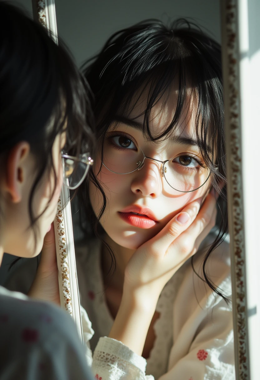 ((best quality)), ((傑best quality、masterpiece、High sensitivity、high resolution、detailed description、depicting a delicate face)),（Slender Woman、wearing glasses、)Kiss your reflection in the mirror、
