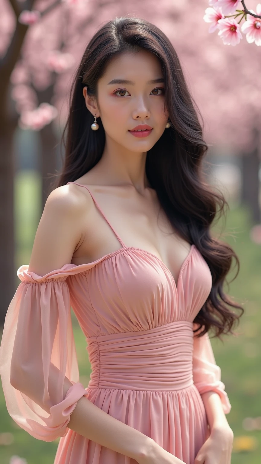 Fashion model 20 years old [[[[closeup cleavage]]]], [[[[boobgasm]]]], [[[[coll]]]], [[[[bshoulders]]]], perfect  eyes, Perfect iris，Perfect lips，perfect teeth，Perfect skin，with fair skin，Soft front light，hdr，Movie girl，CasualClothing，The background is outdoors，Green trees and flowers，（pastel colour：1.2）
