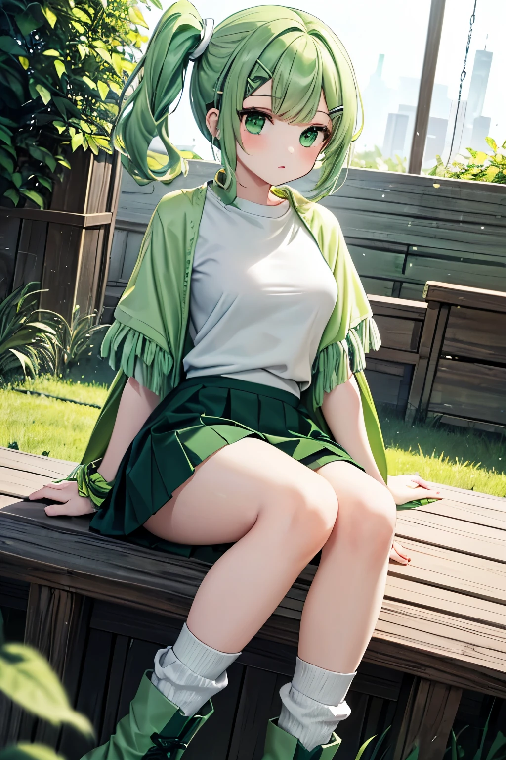 Young Hatsune Miku、girl、独奏、blush、Huge breasts、girl、Kindergarteners、、、、、smile、Striped panties、Long skirt、Long sleeve、colorful、Idol Costumes、Frills、Puffy short sleeves、Clothes are see-through、From below、Wet clothes、Transparent nipples、Squat with your legs apart、kiss