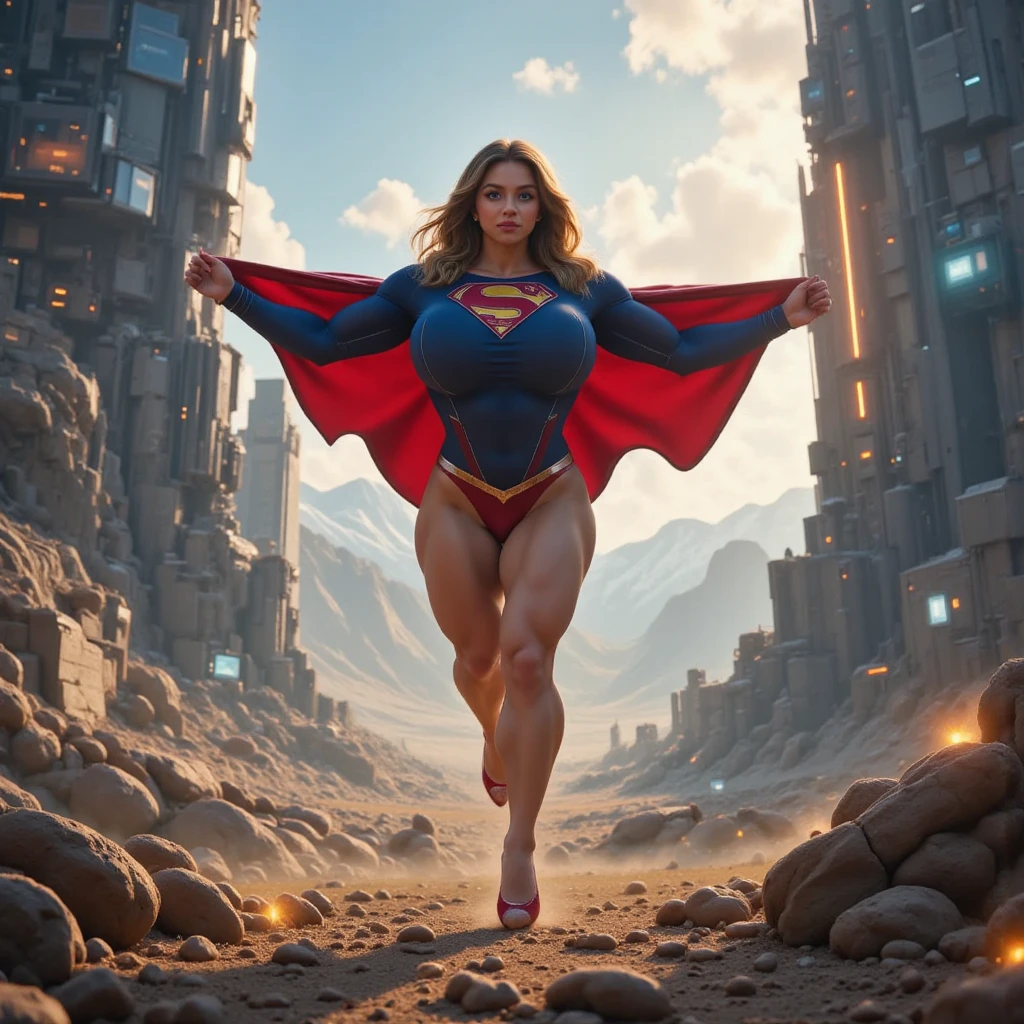 a girl, supergirl, top views, Young Marilyn Monroe as Supergirl, blond,Long hair,blue eyes,Beautiful eyes,Smile,Expression,Lively expressions,Detailed facial description,Rich in details,Blue tight camisole,Red s logo on chest, huge breasts, The areola is clear,The nipples are huge,,Nipple convexity, Nipple bulges,Huge ass, Camel toe clear,big legs, plump body,Red triangle thong,High heel boots。Top of a skyscraper,Fly in the air,Rich in details