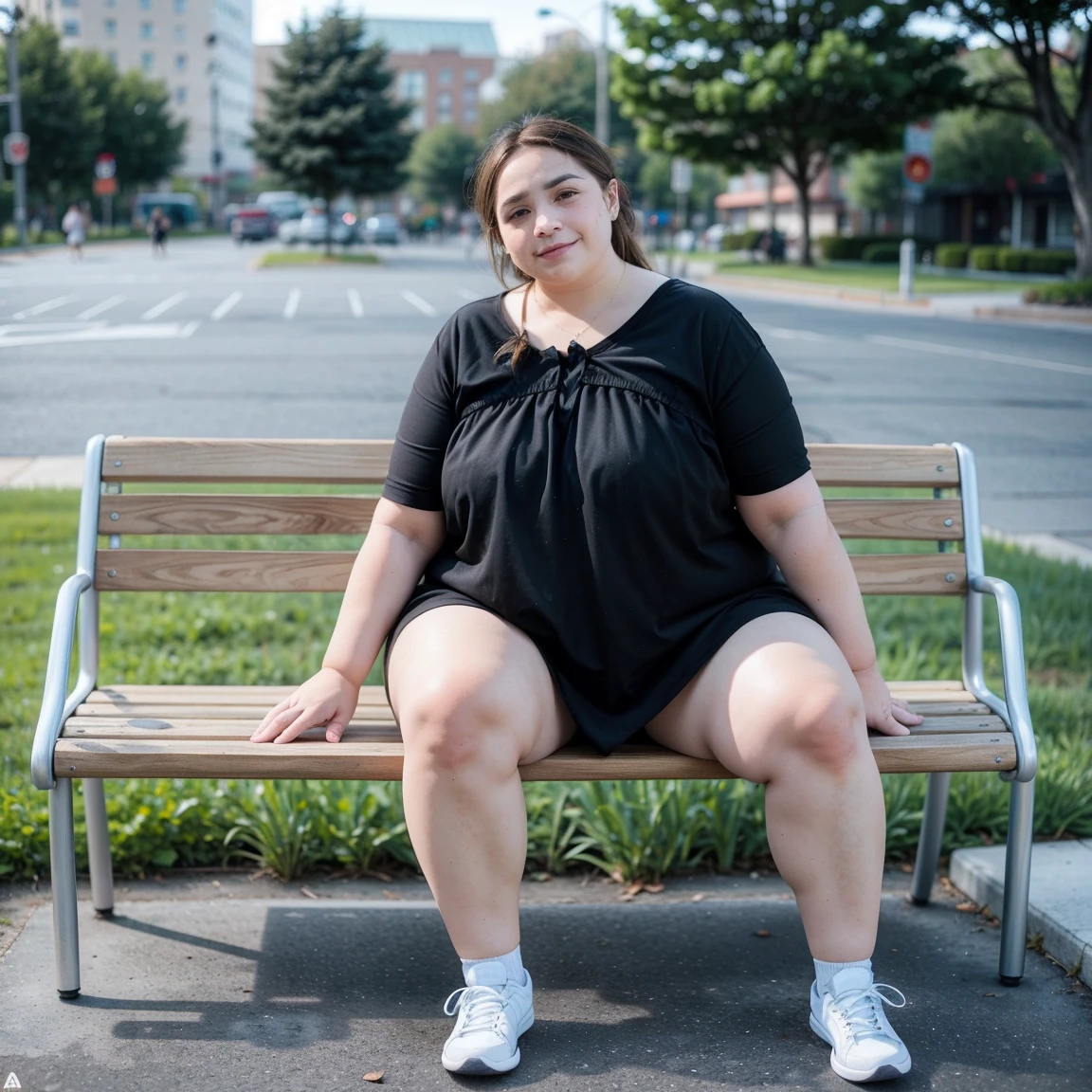 a  chubby woman, wearing a white dress Covering knees with a combination of light green and small flowers, short lined sleeves, wearing white sneakers, was sitting in an out door cafe during the day With the effect of a slight gust of wind on the beach