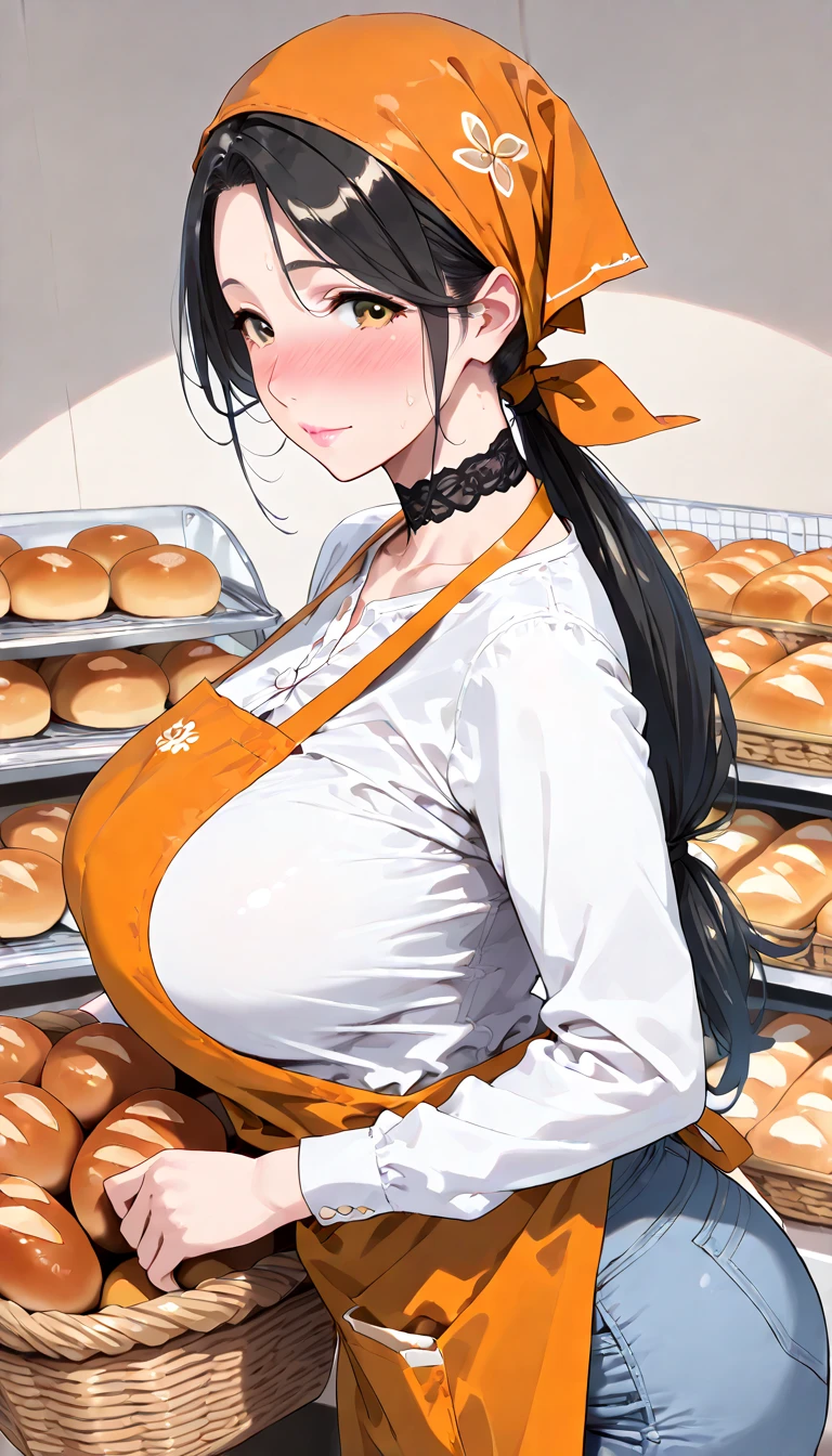 ((masterpiece, best quality, highres, UHD, perfect pixel, depth of field, 8k, RTX, HDR)), BREAK, 1girl, single, solo, beautiful anime girl, beautiful artstyle, anime character, ((long hair, black hair)), (brown:1.4, rounded eyes, beautiful eyelashes, realistic eyes),big breast, without clothes wearing only a white apron, covered in sweat, blushing, with a smile, BREAK, holding a bitten bread in the hand, sexy pose in a pastry shop with shelves with a lot of bread.