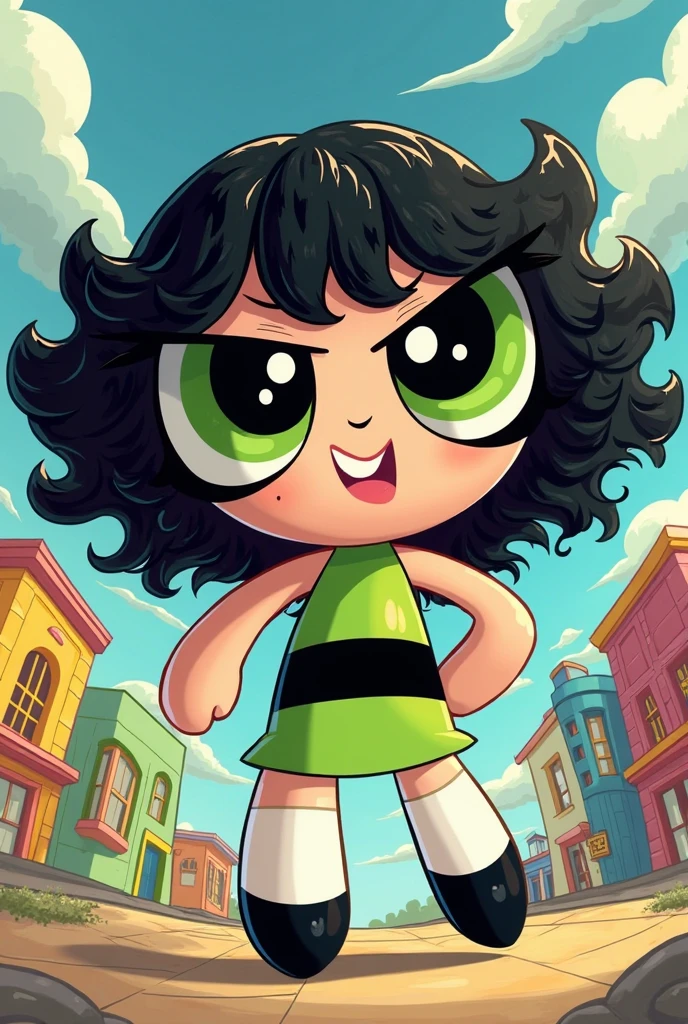 Buttercup from powerpuff girls with curly black woman hair in original cartoon style
