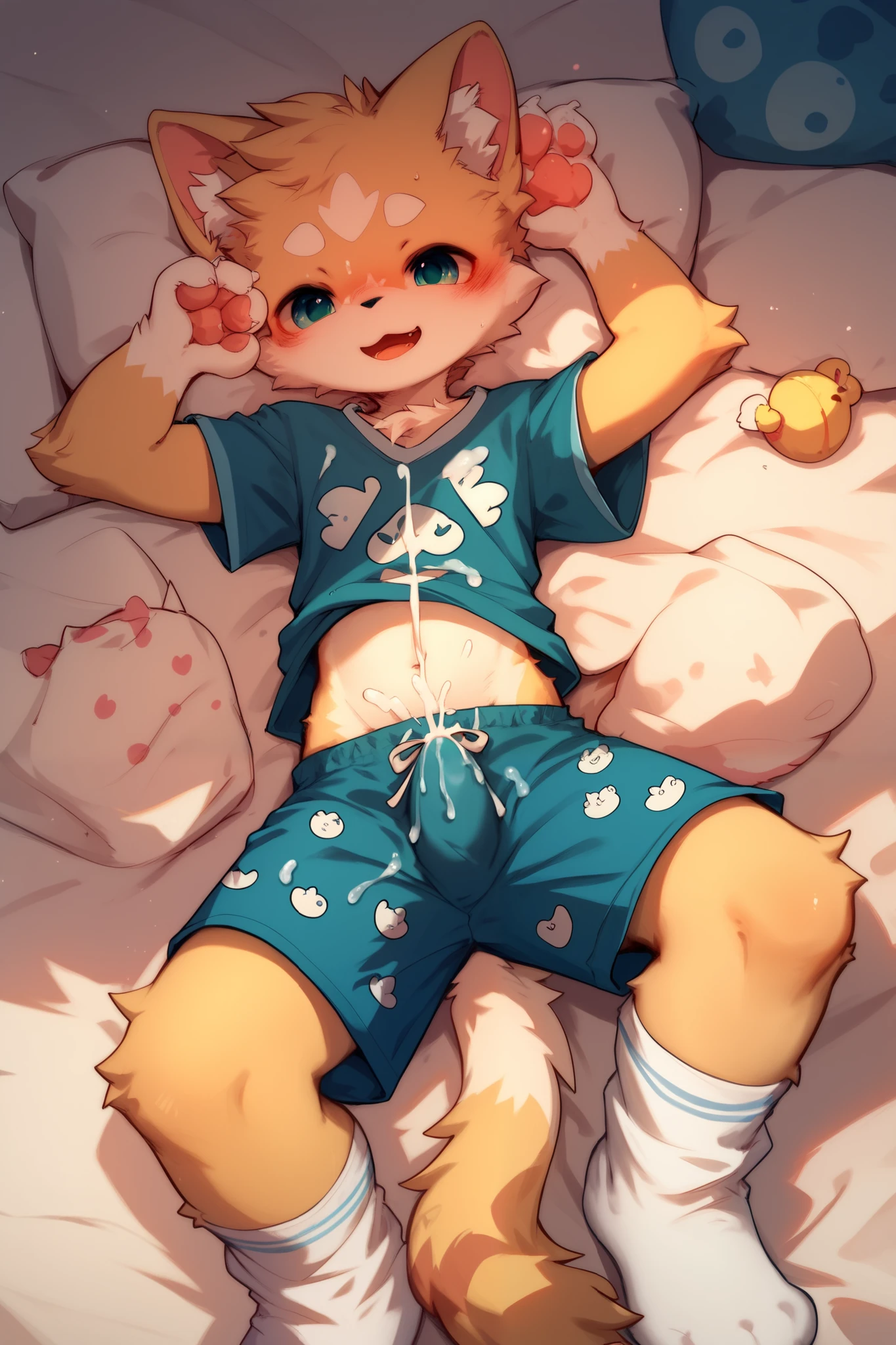 furry, A cute cat boy, slim figure , cute pajamas, Blue Shorts , white socks, semen, semen soaked thighs, HD, sunshine