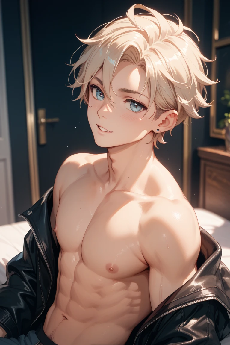 high quality, detailed, Realistic,(2boys:1.2), (17 years old tanned idol boys), (detailed blue eyes), (blond short hair), (abs), (tanned dark brown skin), night palace bedroom, (black tiny thong), (bulge), (detailed nipples), detailed areola,best quality,4k,8k,highres,masterpiece:1.2),ultra-detailed,(realistic,photorealistic,photo-realistic:1.37), looking at viewer,smirk,face close up, --no watch,