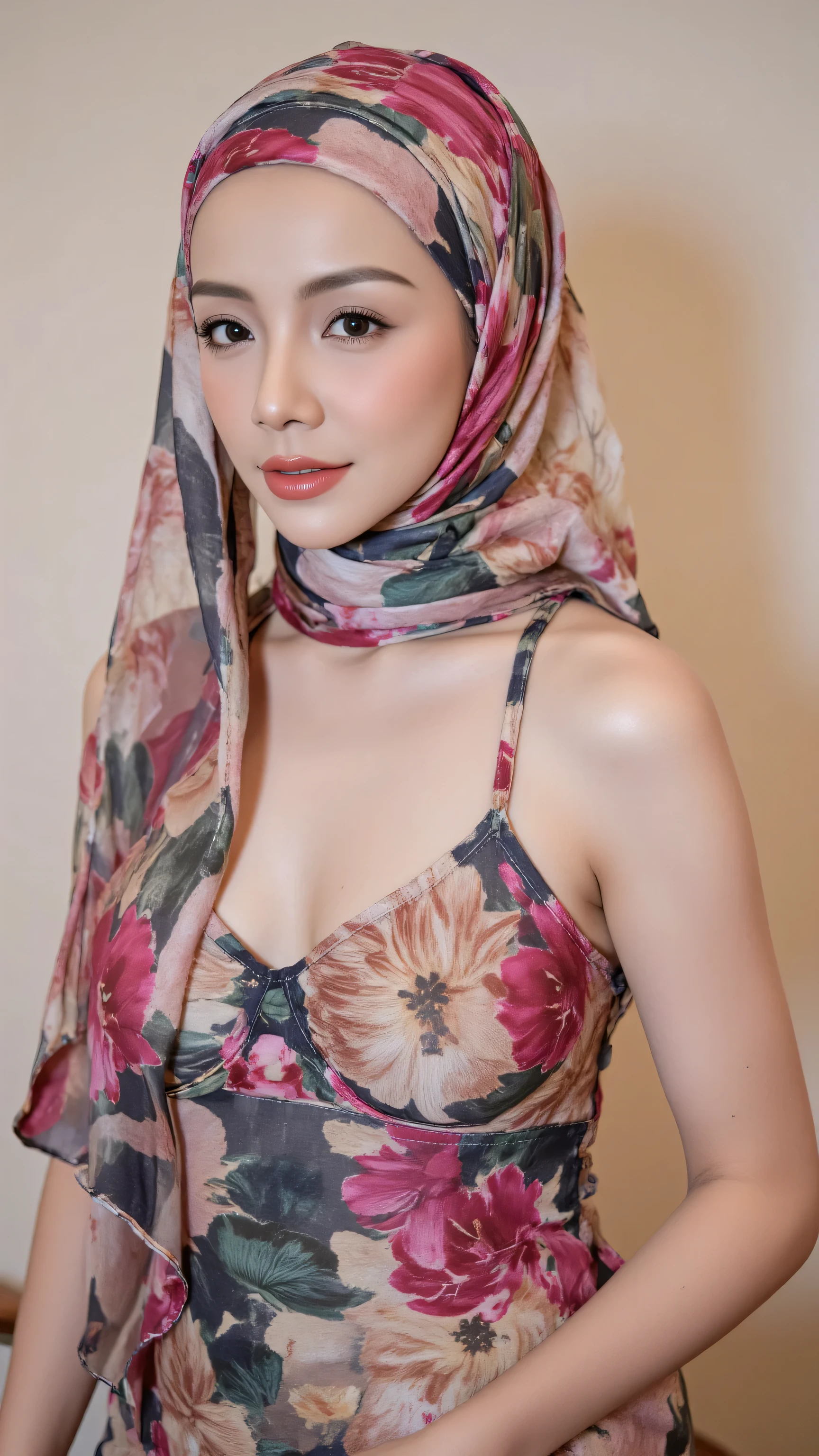 1 woman, ages 40, round face, sharpness skin details, sexy eyes, very unique face, hijab, fascinating, distinctive, cute face, kawaii, (round eyes, Amazing face and eyes, highly detailed face and eyes), fair soft dark skin,wearing transparent dress, (sport soft bra), (small breasts:1.5, unique breasts), full body, highest best quality, masterpiece, ultra high resolution, hd highly detailed, vivid, raw10 color photos, professional photography, Real 98%, authentic skin texture, small bloated, real skin quality, Floral wallpaper background, short body 5 feet, special photoshoot event