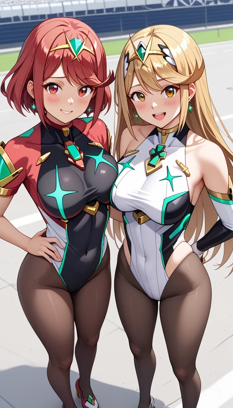 score_9, score_8_up, score_7_up, source_anime、top quality、8k、 masterpiece、ultra high definition、 natural light、perfect anatomy、 perfect eye、beautiful eyes、((((two women))))、medium breasts、saggy breasts:1.2、mythra, mythra has blonde very long hair, Pyra , Pyra has red short bob hair, (race queen on the circuit、leotard、 high neck、pantyhose)、((is embarrassing:1.2、happy))、 stand and pose、shot from above
