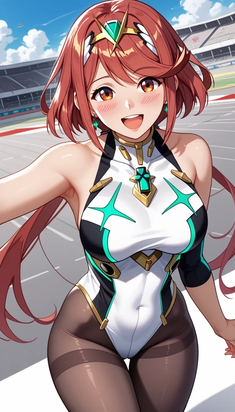 score_9, score_8_up, score_7_up, source_anime、top quality、8k、 masterpiece、ultra high definition、 natural light、perfect anatomy、 perfect eye、beautiful eyes、((((two women))))、medium breasts、saggy breasts:1.2、mythra, mythra has blonde very long hair, Pyra , Pyra has red short bob hair, (race queen on the circuit、leotard、 high neck、pantyhose)、((is embarrassing:1.2、happy))、 stand and pose、shot from above