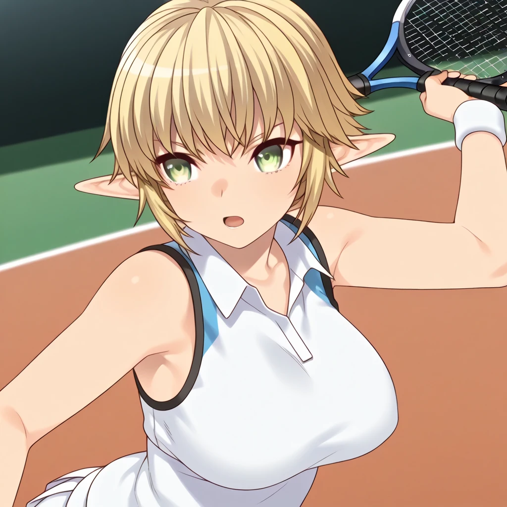 high-re, sharp-focus, pixiv's masterpiece, ((and intricate detailing)), extremly detailed, pointy ear, Heterochromia, 独奏, bronde hair, Green eyes, Blue Eye, Ahoge, 1girls, shorth hair, elvish, Dark skinned, Whole human body, woman kngiht,HugeBoobs、During a tennis match、Holding a racket、Aura of Overlord、