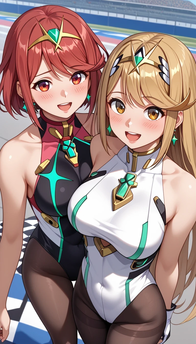 nsfw. score_9, score_8_superior, score_7_superior, anime, 2girl, Homura(Xenoblade2), Red eyes, Redhead, short hair, tiara, Earrings, 胸のgem, High leg leotard, 斜め分けbangs, Hikari (Xenoblade), Long Hair, Blonde, Yellow Eyes, large 胸, gloves, Cleavage, jewelry, dress, bangs, tiara, Earrings, Bare shoulders, Cleavage cutout, Clothing cutouts, Thighsストラップ, elbow gloves, short dress, swept bangs, barefoot, very Long Hair, white gloves, white dress, White footwear, Headpiece, gem, armor, Beautiful Eyes, Perfect Face, Perfect hands, Perfect Fingers, barefoot, hanging breasts, Very beautiful long legs, Thighs, pantyhose, Puffy nipples, Pussy juice, ahegao, trembling, arms behind head, prone bone, cum in pussy, vaginal penis, futanari