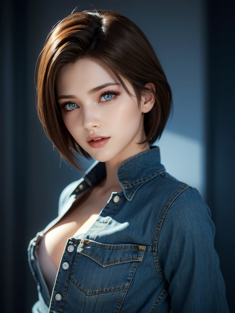 (1girl:1.4), (sfw), (clothed), (masterpiece), illustration,(realistic:1.5), (specular lighting:1.4), (hyperrealistic:1.2), (photorealistic face:1.2), (perfect face), (best quality), (8k), (4k), photorealistic, sharp focus, octane render, best quality, extremely detailed, intricate, hyper detailed, fantasy, soft lighting,(big breasts:1.4), (skindentation:1.3), android 18 from Dragon Ball, looking down at viewer, after a fight, torn clothes, Android 18, jeans, demin jacket, striped shirt, perfect hands, excited face, short bob haircut.