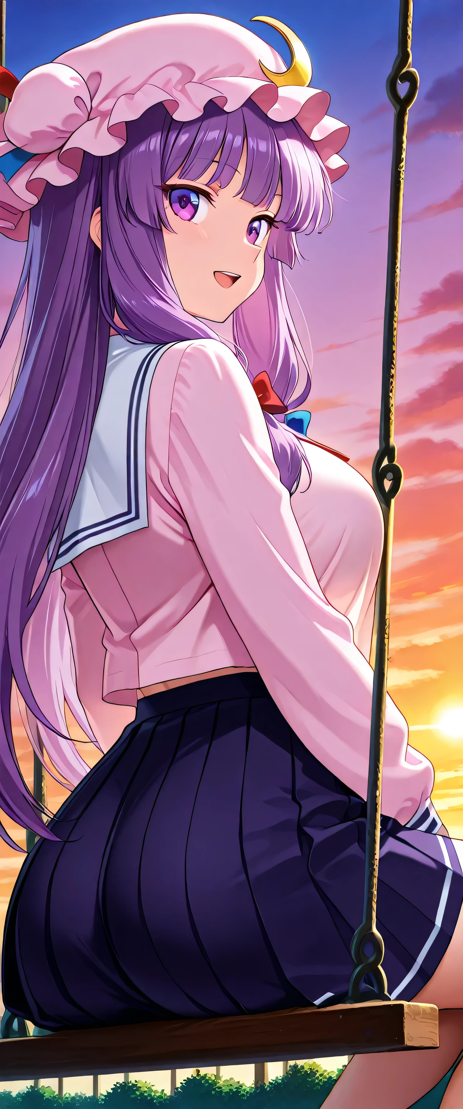 (beautiful girl:1.3),masterpiece,Please redeem,Ultra-high resolution,rich contrast,Very high quality,8k,Highly detailed CG unit wallpaper,Texture,So ridiculous,RAW Photos,Highest quality anime,anime-style illustration,studio anime style,professional photograph,an extremely delicate and beautiful,Depth of written boundary 1.2,ultra-detailed eyes,Glowing Skin,Glitter Effect,Beautiful glossy lips,patchouli knowledge, 1girl , alone, purple hair,very short, purple eyes, mob cap, pink headwear, crescent hat ornament, blue bow, red bow, hat ribbon, hair bow, Crescent Pin, red ribbon, (school uniform&pleated skirt:1.2),((( round eyes , big eyes))), big breasts,Big Round Ass,garden,sunset,lens flare,( best smile),(Open your mouth wide), swing,(She's on the swing)