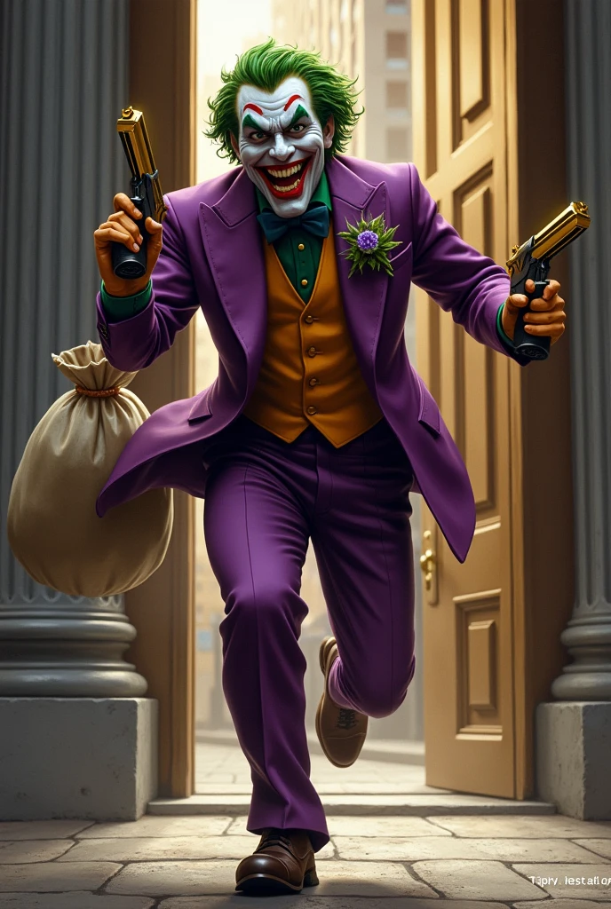 A imagem mostra uma cena inusitada do "Coringa" in a relaxed moment, andando de bicicleta. This depiction creates a startling contrast between the Joker's chaotic personality and the peaceful activity of cycling.

The Joker is dressed in his signature costume, mas de uma maneira mais casual, como se estivesse aproveitando um dia de folga. His face displays a wry and enigmatic smile, como de costume, adding a dash of mystery to the scene.

He holds the handlebars of the bike with one hand, while the other hand is in the air, como se estivesse se divertindo e causando um certo caos mesmo enquanto pedala.

The background of the image presents an urban setting, with buildings and roads, suggesting that the Joker is riding his bike through the streets of the city.

The predominant colors are shades of purple, verde e vermelho, that are associated with the Joker. Essa paleta de cores adiciona um toque de familiaridade ao mesmo tempo que contrasta com a cena inesperada.

Essa imagem cria uma cena divertida e intrigante ao mostrar o Coringa em uma atividade incomum. It evokes a smile and a sense of surprise, inviting the viewer to contemplate the complexity and unpredictability of this iconic character.