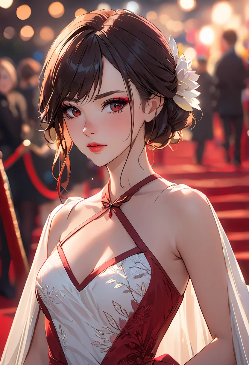 Charming woman,Black long hair,Hair up,Red Hanfu,Cleavage,Show your shoulders,,Extremely detailed,high resolution,Simple background