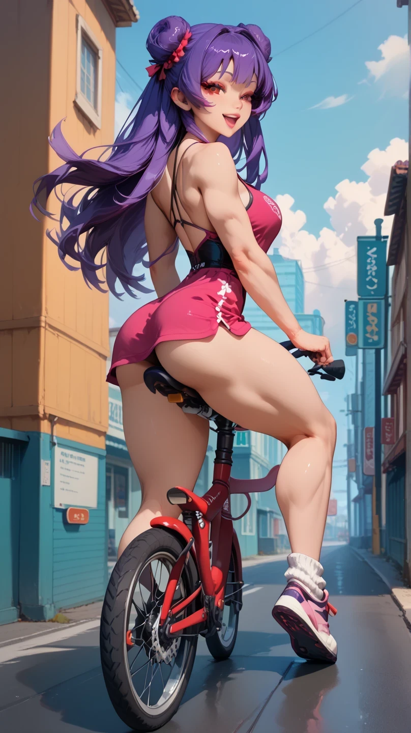 (best quality,4k,8k,highres,masterpiece:1.2),ultra-detailed,realistic:1.37,beautiful detailed eyes,beautiful detailed lips,extremely detailed eyes and face,longeyelashes,sexy woman,seductive eyes in intense gaze,mouth open with deep blush,shampoo, head buns, ((purple hair)), red eyes, sexy, fitness, ,thick thighs, tonned body, wide hips, narrow waist, bare legs, ((thick thighs)) thight chinese short dress, ((full body)) 80's anime, muscular female, loose socks, sneakers, (riding a bike:1.6), cute, happy, blushing, open mouth, big smile, closed eyes, red eyeshadows