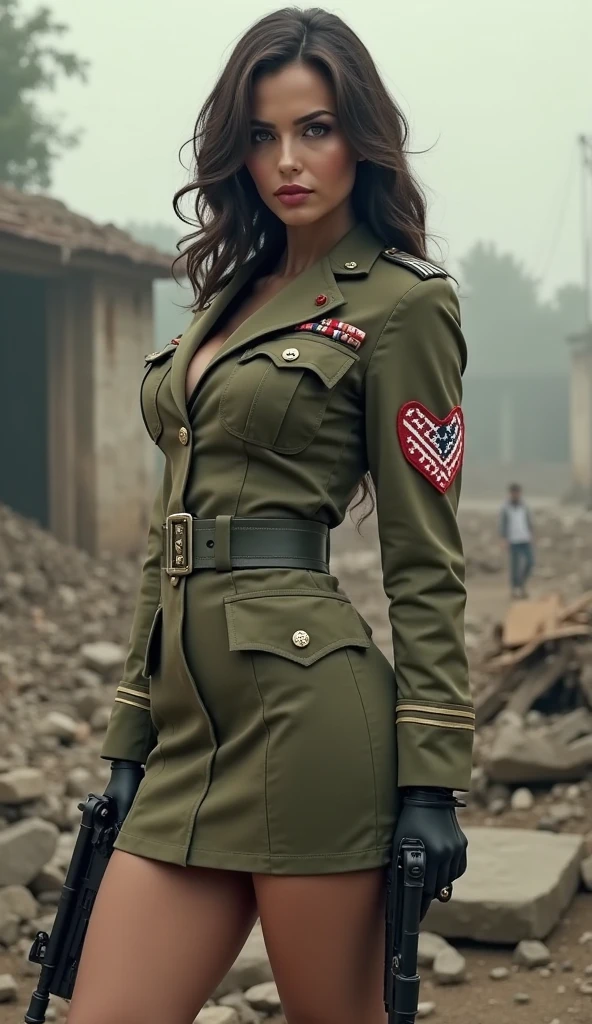 sexy pin-up girl in military uniform and a cap on her head, holding a big ball in his hands, Short red skirt, stockings