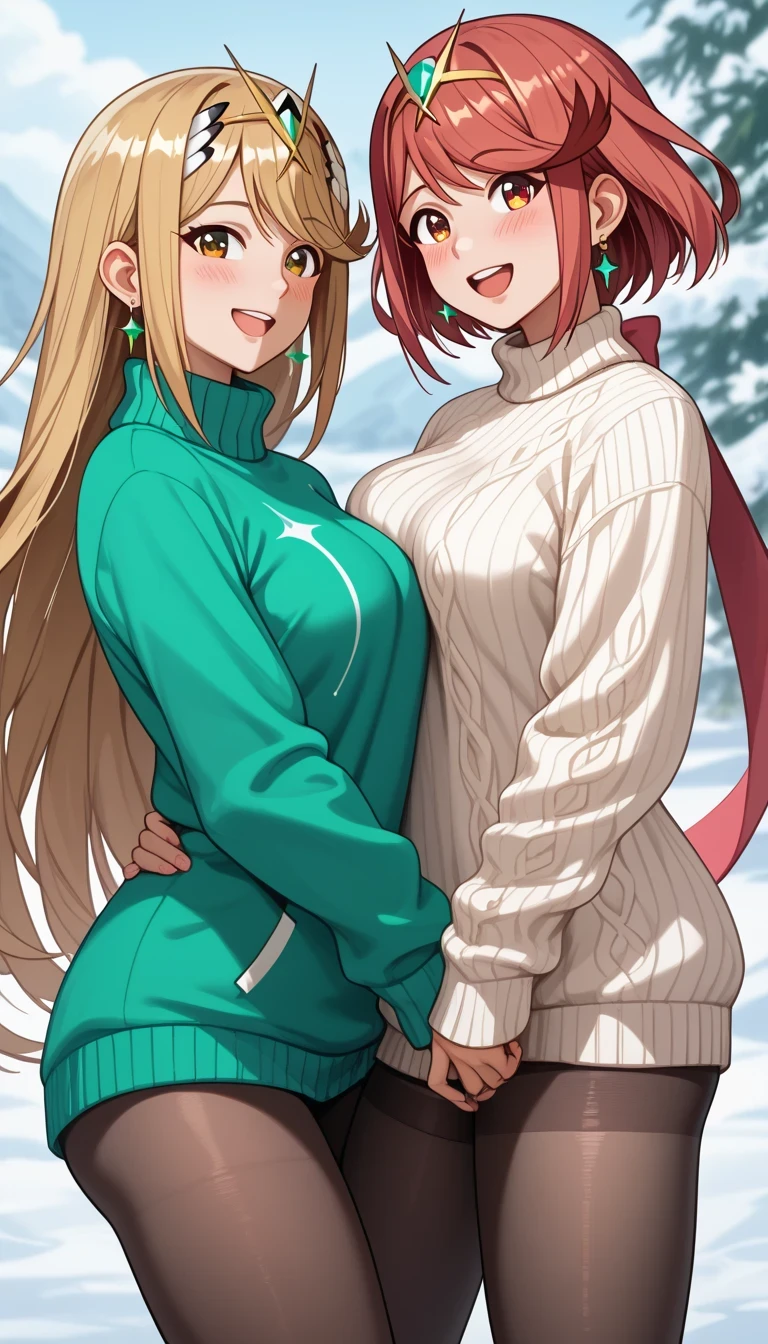 score_9, score_8_up, score_7_up, source_anime、top quality、8k、 masterpiece、ultra high definition、 natural light、perfect anatomy、 perfect eye、beautiful eyes、((((two women))))、medium breasts、saggy breasts:1.2、mythra, mythra has blonde very long hair, Pyra , Pyra has red short bob hair, (long sleeve rib knit sweater、turtleneck、miniskirt、pantyhose)、((is embarrassing:1.2、happy))、Midwinter Park、 stand and pose