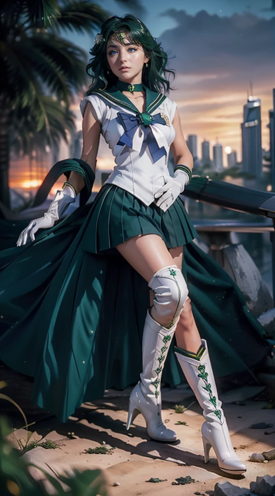 Best Quality, Masterpiece, Ultra High Resolution, (Realisticity: 2), Original Photo, 16K, 1girl, Bare Shoulder, ((Sailor Jupiter Sailor Jupiter: 2)), Cosmic Background, Jupiter, Sea of Flowers, Smile,
