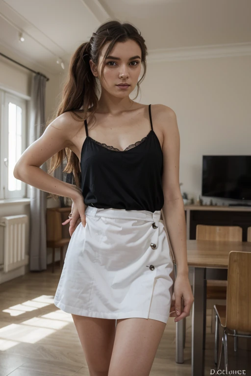 Sophia Lillis, slender body, long wavy hair, thick thighs, wide hips, photo studio, sitting on a bar stool, white dress