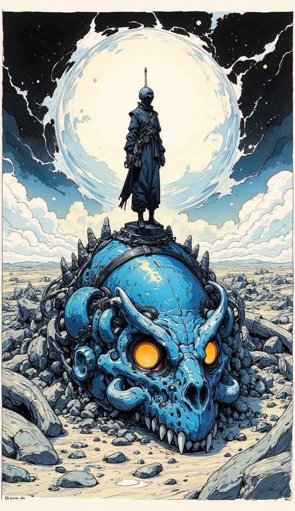 Mobis (Jean Giraud) Style - A picture by Jean Giraud Mobis, The picture shows a robot birdman fighting a tentacle monster, 巨大的白色骨头背景western backdrop in Mobis' signature style with sharp detailing and vibrant colors. Shot with Panavision Panaflex Gold II and Ultra Panavision 70 lenses, The image is full of film grain and low-key lighting，It creates a mysterious and tense atmosphere.
