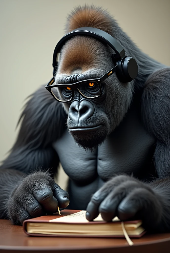 A gorilla wearing a jacket over his head...listening to music through headphones...on one side.